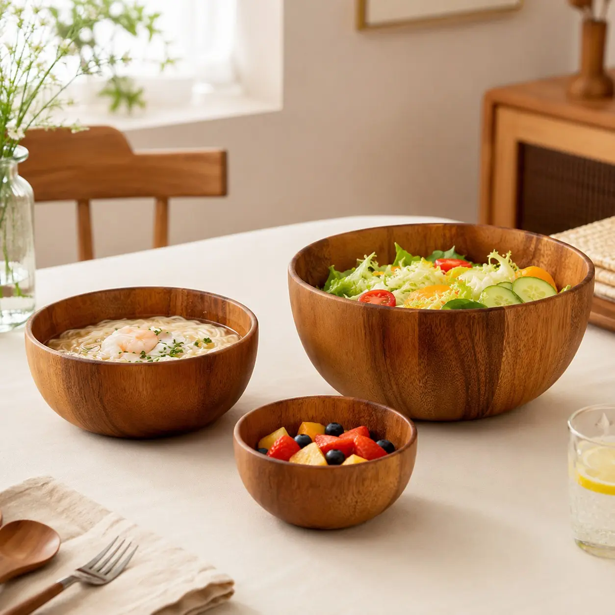 Natural Wood Grain Round Salad Bowl, Fruit Bowl, Rice Bowl, Soup Bowl, Home Dining Utensils, Eco-Friendly Kitchenware