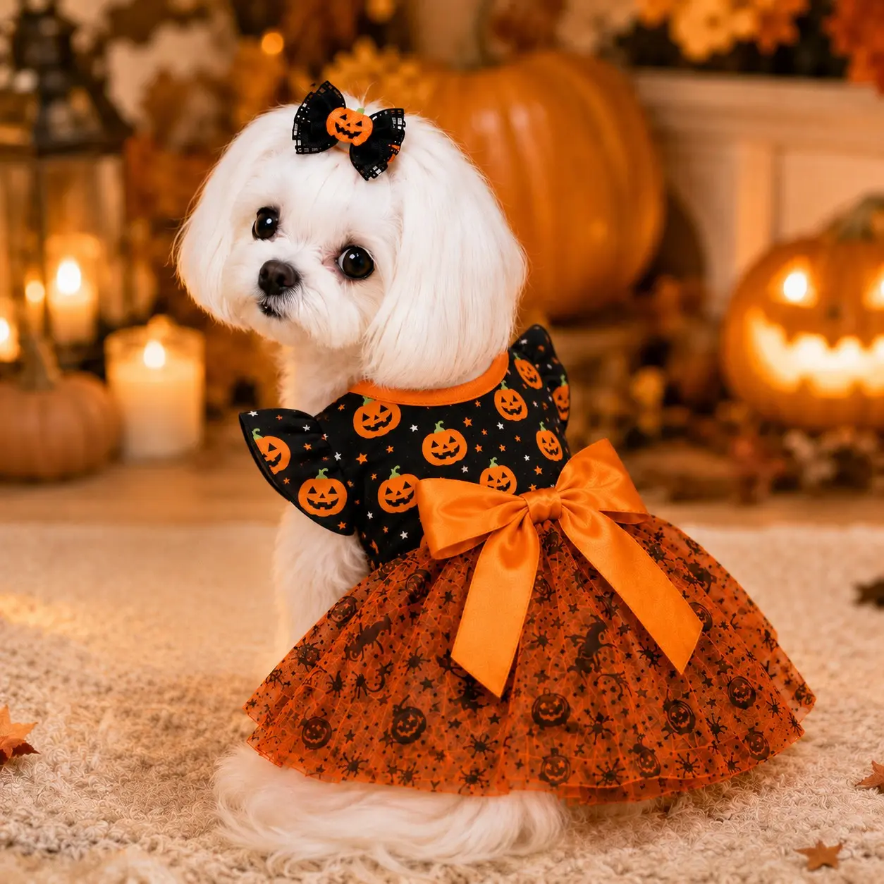 Halloween Pumpkin Pet Princess Dress, Small Dog Cat Costume, Pumpkin Print Mesh Skirt, Fall Party Photo, Maltese Yorkshire Terrier, Puppy Clothes