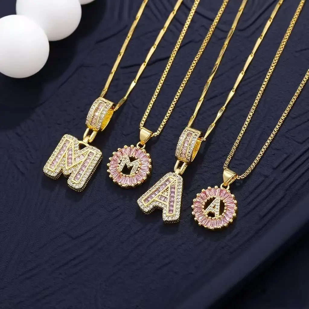 Trendy Gold Letter Necklace for Women, 2PCS Initial A-Z Pendant Necklaces Personalized Round Circle Pendant Zirconia Letters Name Jewelry,Initials Pendent Necklace for Couple Holiday Gift