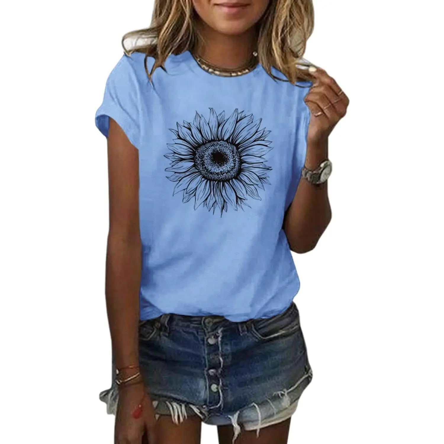Women's 100% Cotton 180g Sunflower Graphic Oversized T-Shirt - Blush Pink Crew Neck Relaxed Long Cut T Shirts for Women, S-3XL Plus Size Fit All Body Shapes Basic Top, Holiday Casual Outfit (Avoid Short Cropped Design)