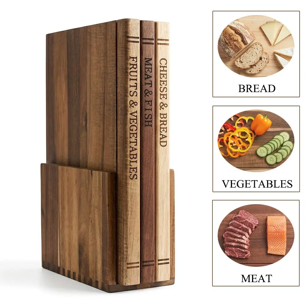 Book Chopping Boards Set of 3 with Stand, Space-Saving Decorative Wood Cutting Board Library, Sleek Laser-Engraved Labeled Boards for Vegetables, Meat, Cheese Unique Housewarming and Holiday Gifts