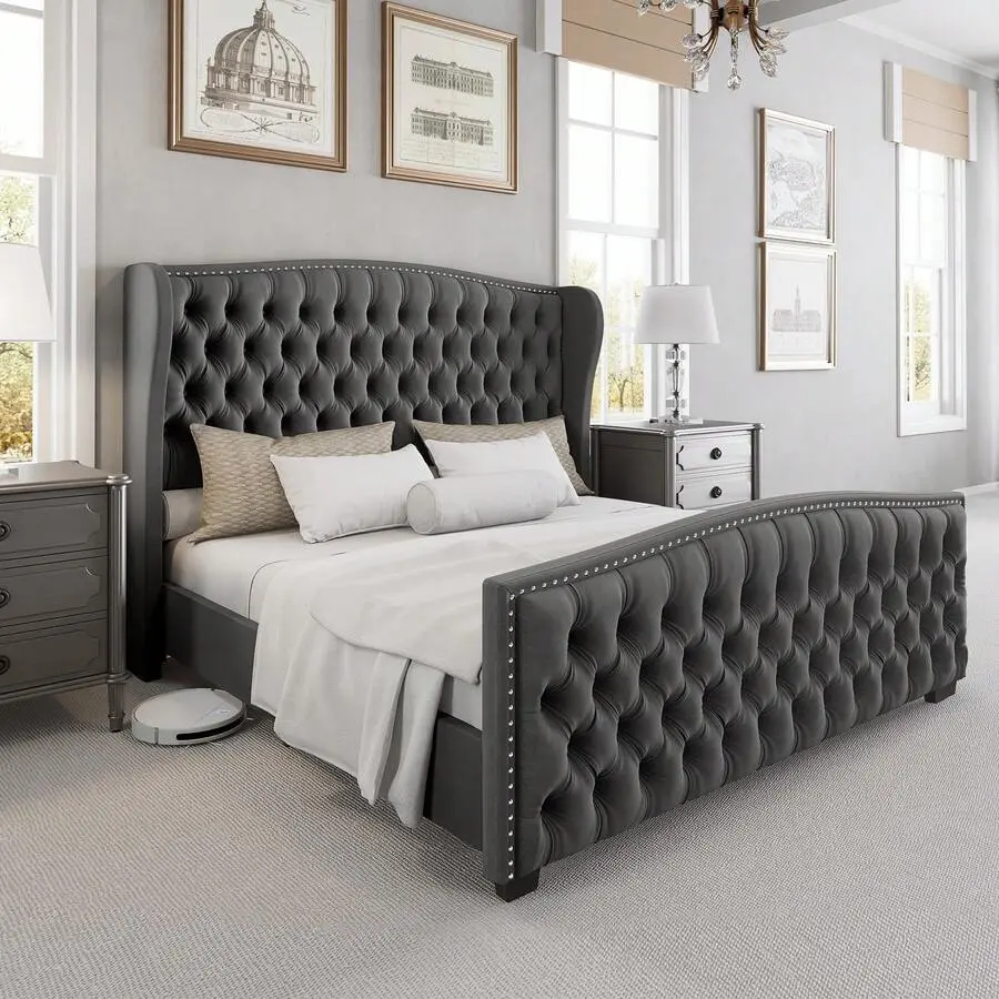 Queen/ King/ California King Size Bed Frame For Bedroom Furniture, Velvet Upholstered Platform Sleigh Bed With Curved Headboard And Footboard, Deep Button Tufted Design, Wood Slat Support, No Box Spring Needed, Grey,corner bed frame,floor,cama,,twin