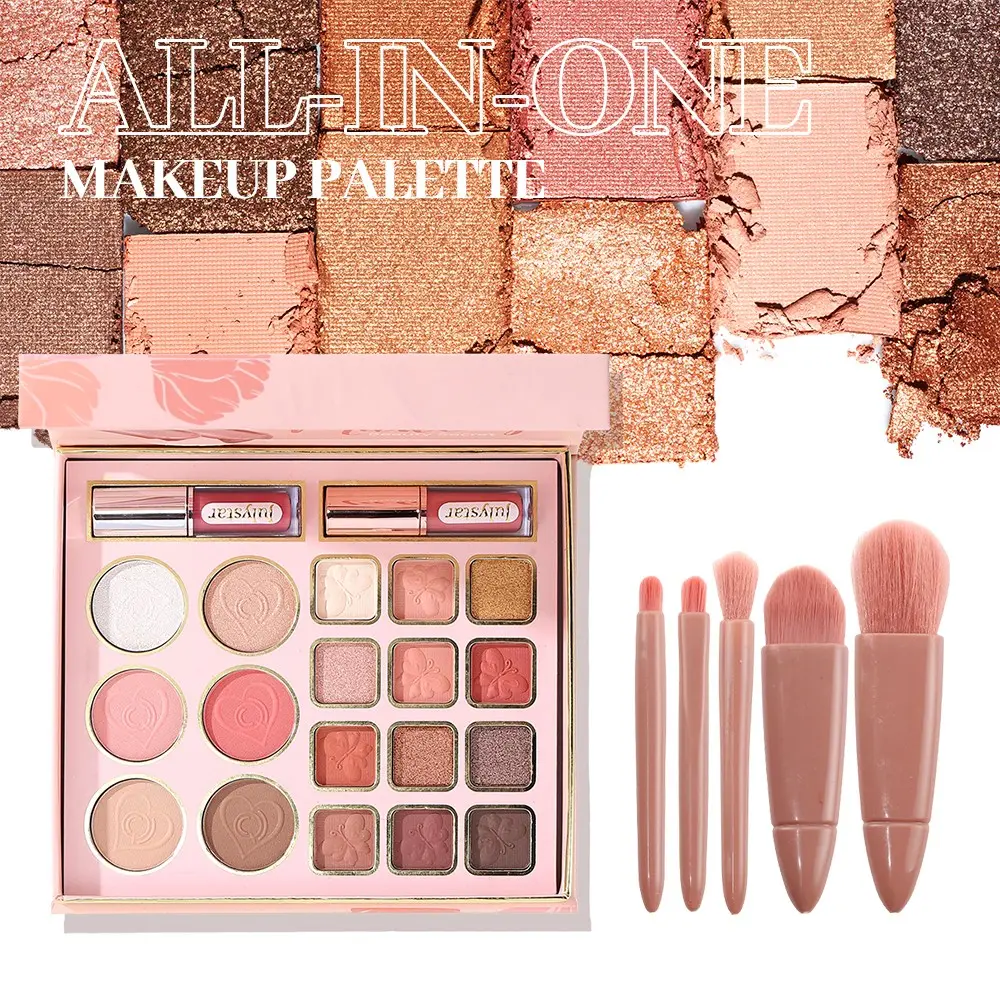 Complete Makeup Kit All-in-One Cosmetic Palette, Pigmented Eyeshadow Blush Highlight Contour Powder, Long Lasting Blendable Texture, Comes with Lip Gloss & 5Pcs Makeup Brushes, Travel Friendly Facial Makeup Gift Box