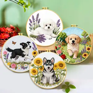 4 Pcs Cute Puppy Counted Cross Stitch Kit for Beginners Floral Dog Pattern Pre-Printed Embroidery Set with Plastic Hoop Threads Scissors Needles Full DIY Hand Stitching Supplies for Home Wall Decor Gift