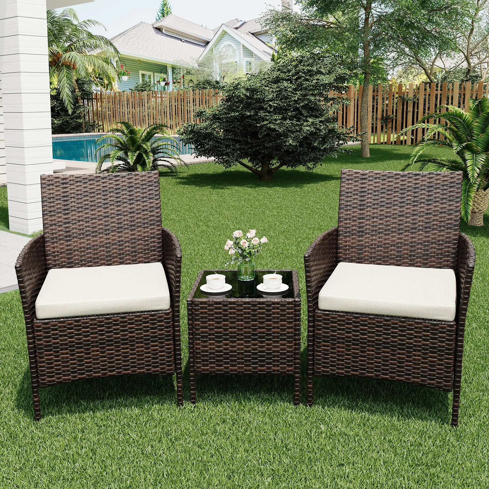 3 Piece Outdoor Patio PE Rattan Wicker Bistro Set, Patio Furniture with 2 Cushioned Chairs & Tempered Glass Top Table, All Weather Resistant Garden Conversation Set for Backyard, Porch, Balcony and Poolside, Available in Black, Brown and Grey