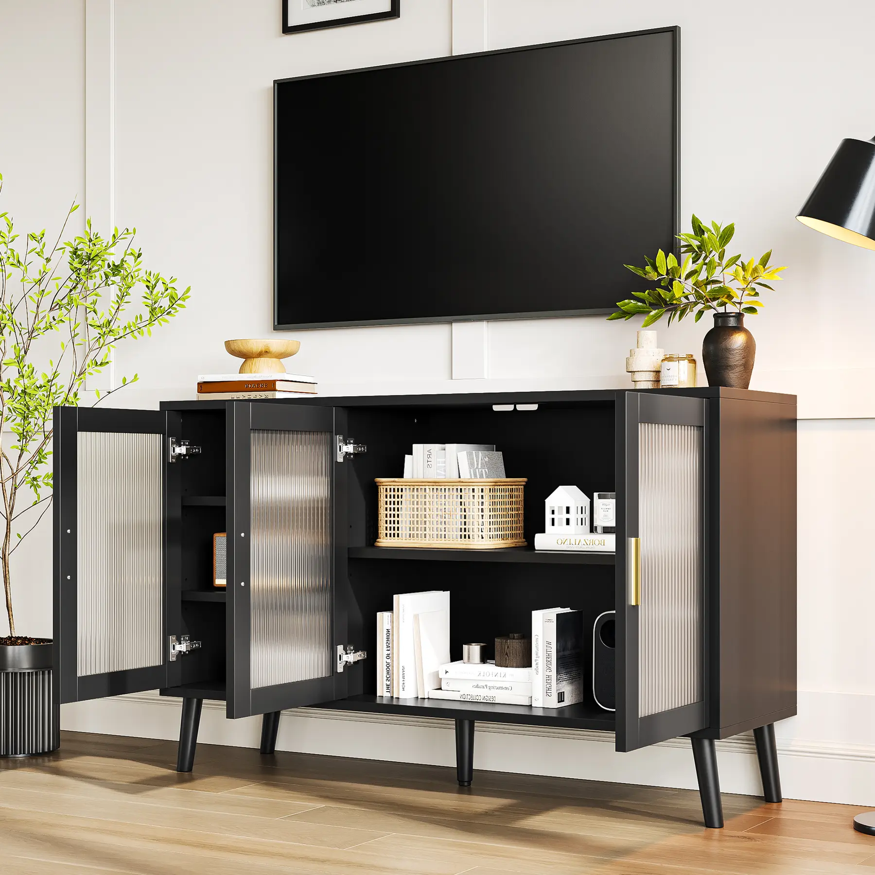 ✨ Garvee Black Fluted Glass Sideboard – Modern Buffet Cabinet with Adjustable Shelves & Sturdy Metal Legs, Stunning Storage for Living Room, Kitchen & Dining Room 🖤