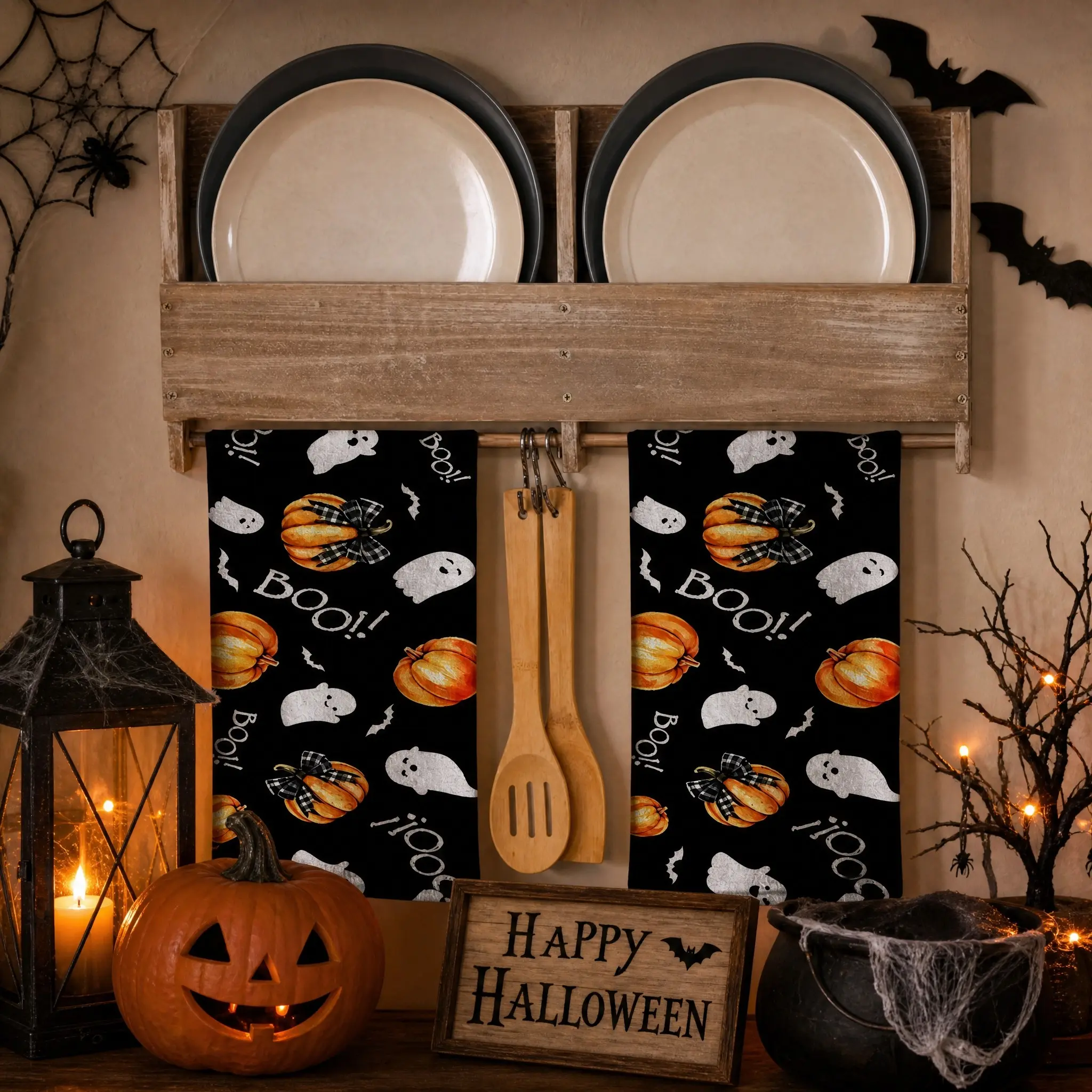 2pcs Spooky Boo Pumpkins Bar Halloween Kitchen Towels, Boo Tea Towel, Cleaning Dish Towel for Halloween, Perfect for Festive Decorations