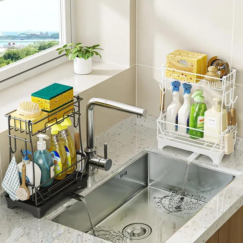 2-Tier Kitchen Sink Caddy Organizer Rack with 4 Hooks, Sponge Holder, Countertop Storage, Home Decor, and Space