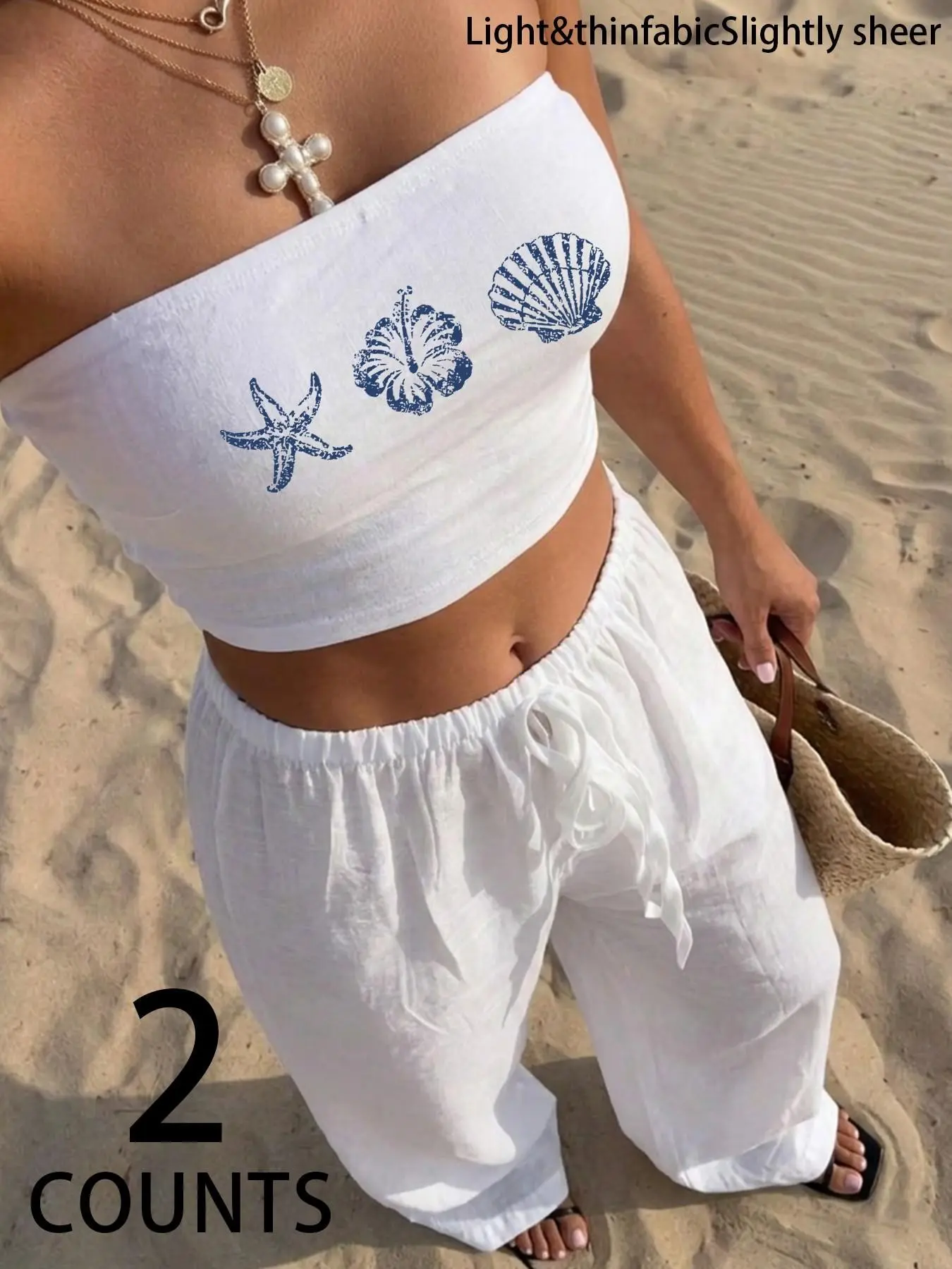 Women's 2-Piece Set, Ocean Pattern Strapless Top with Pants, Vintage Starfish Jasmine Shell Print, Summer Fashion