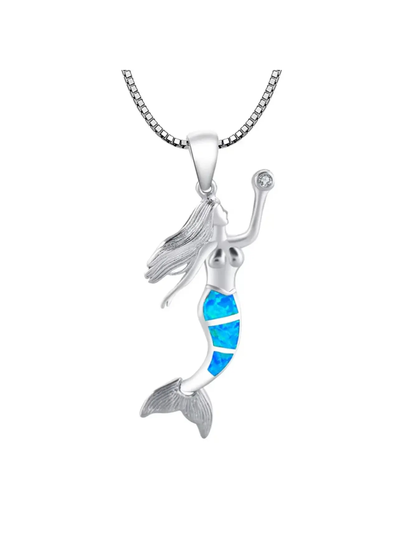 Silver Color Mermaid Pendant Necklace with Blue Opal Iridescent Tail, Cubic Zirconia Gem, Delicate Chain Jewelry for Women
