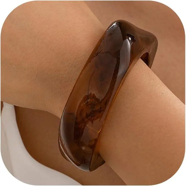 Women's Wide-Size Chunky Geometric-Shape Plastic Bangle Bracelet - Colorful Irregular Square Wristband, Punk Look Party Wear Costume Jewelry Accessory