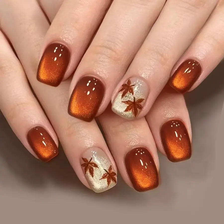 24pcs Short Square Nails, Autumn Winter Maple Leaf Cat Eye Press-On Nails, Reusable Thanksgiving Nail Art for Women and Girls