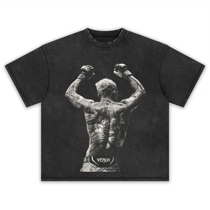 "UFC MMA Fighter Back View Victory Raised Gloved Hands Full Back Tattoo Venum Fight Shorts Vintage Washed Oversized Heavyweight Cotton Short Sleeve T-Shirt & Sleeveless Tank Top, Unisex Combat Sports Fan Grunge Streetwear Apparel "