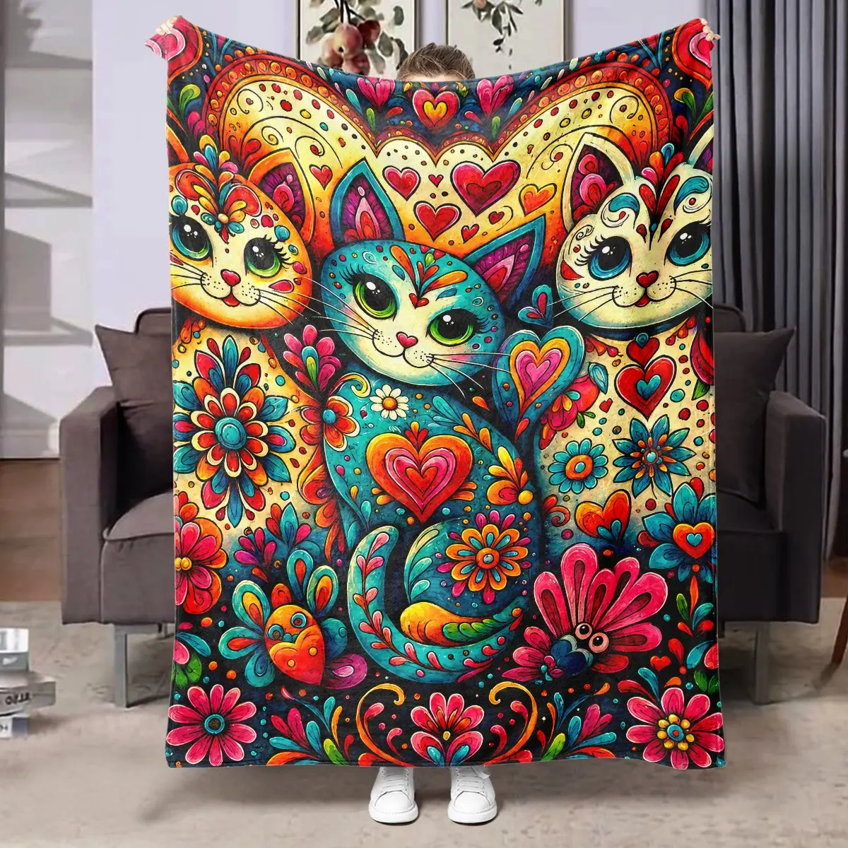 1pc Mexican Folk Art Painted Cat Floral Heart Fleece Blanket, Colorful Sugar Skull Style Cartoon Cats Flowers Ethnic Illustration Print, Soft Warm Nap Throw For Sofa, Bed, Office, Camping, Perfect Christmas Gift