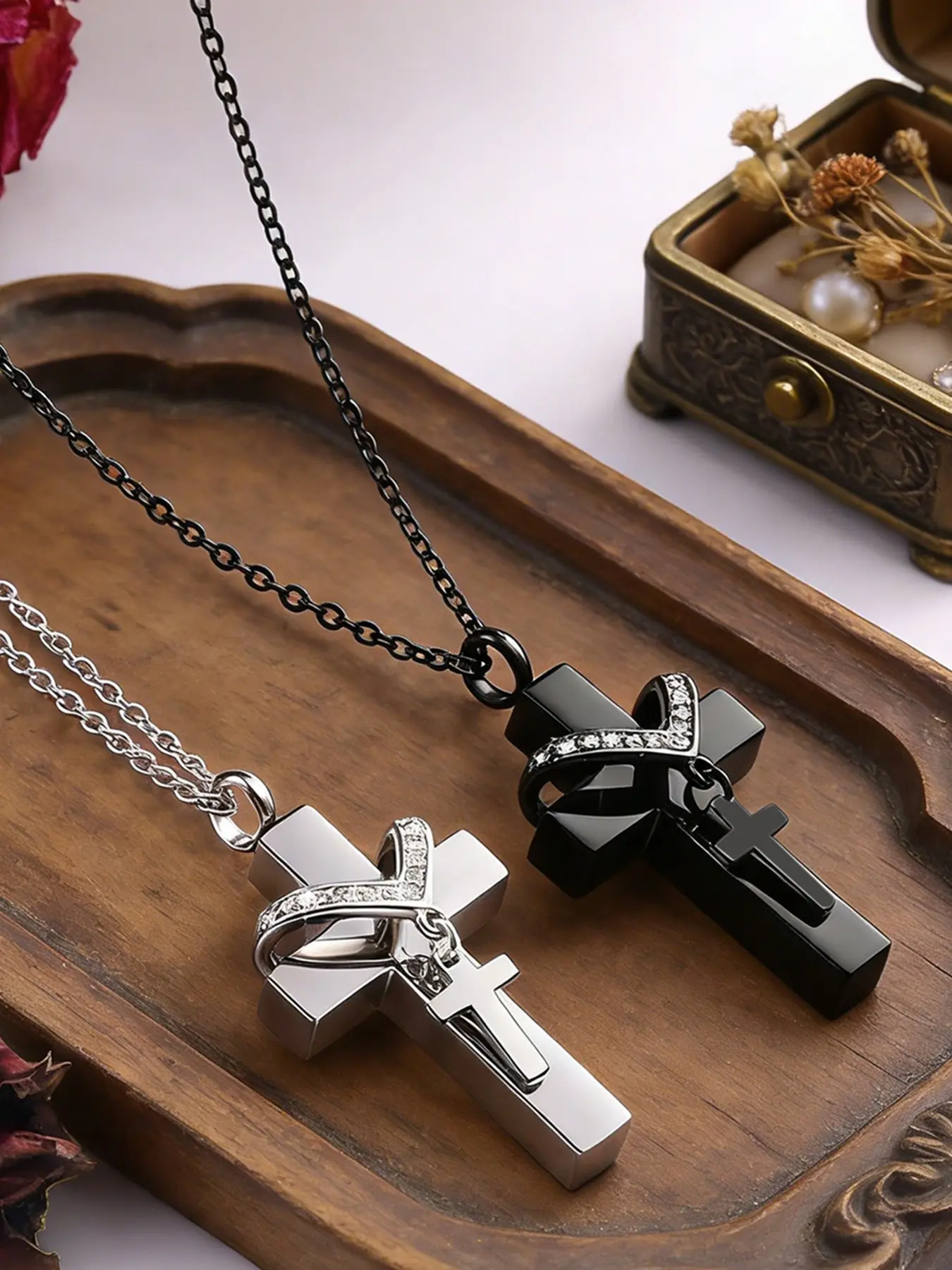 Double Cross Black/Silver Cremation Urn Necklaces Cross Link Chain That Hold Ashes Of Loved Ones Pendant Keepsake Necklace Cross Jewelry Cremation of Human ash for Women and Mens memorial crosses urns Nexklace