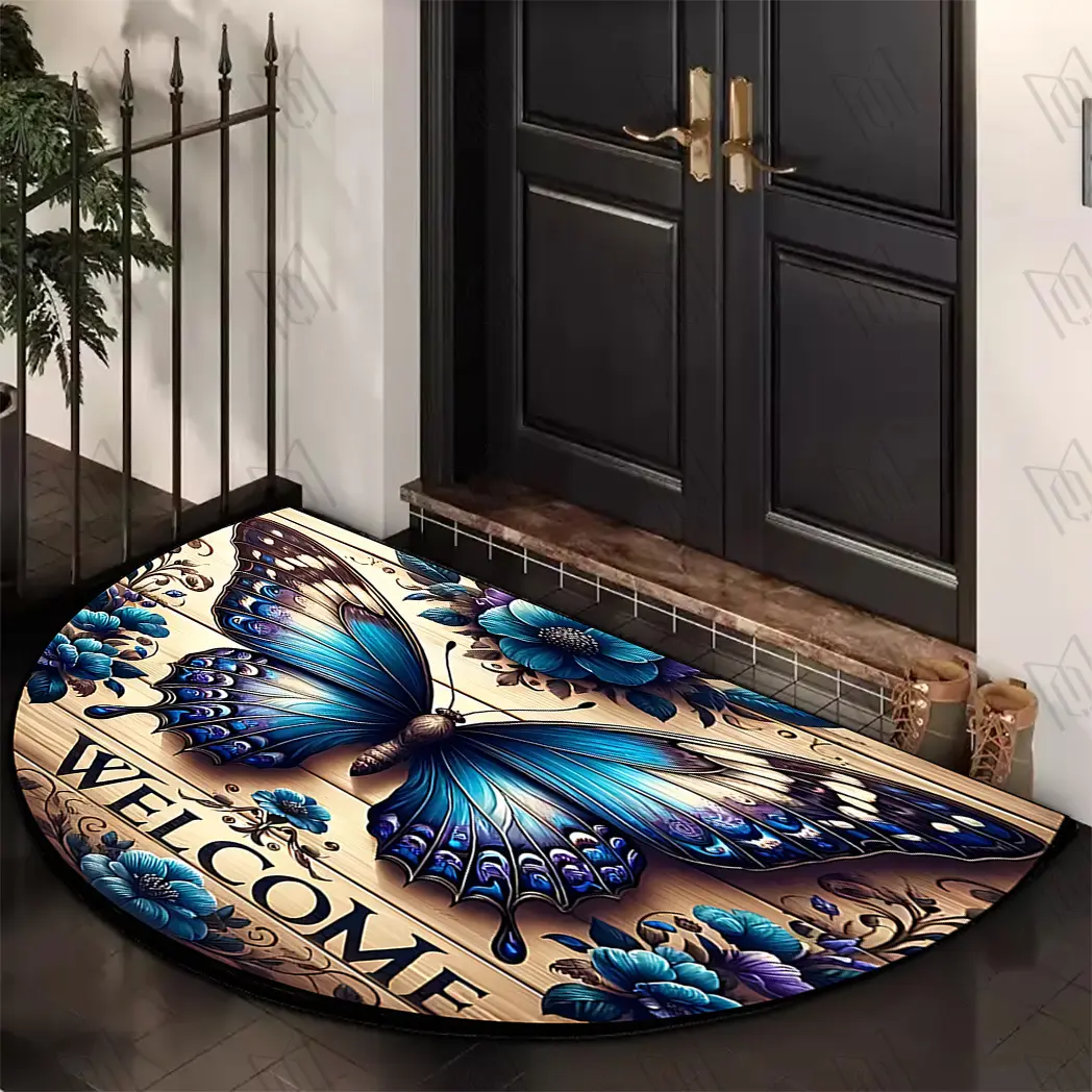Welcome butterfly pattern semi-circular doormat, suitable for kitchen, porch, bathroom, laundry room, living room, game room, home & garden decoration, farmhouse style, suitable for Saint Par's Day, Polyester fiber doormat