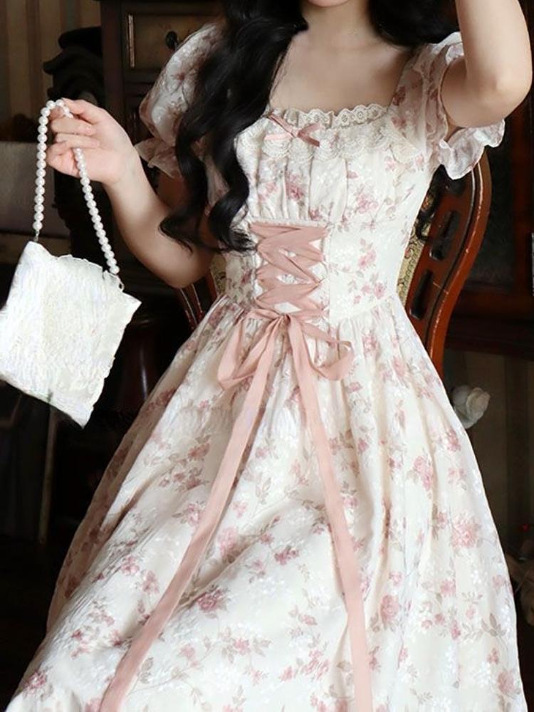Summer Korean Fashion Lace Fairy Dress Women Square Collar Princess Kawaii Floral Print Dress Female Bandage Sweet Dress 2026