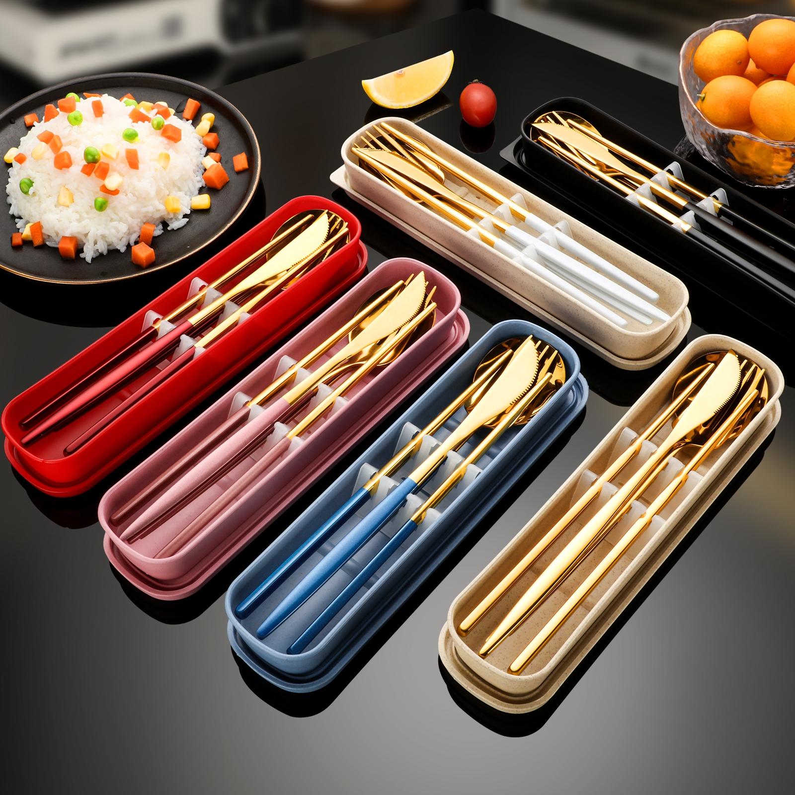 Stainless Steel Flatware Set with Travel Organizer Case, 4-Piece Reusable Cutlery Kit for Home, Office, School, Camping & Outdoor Adventures, Gold -RR