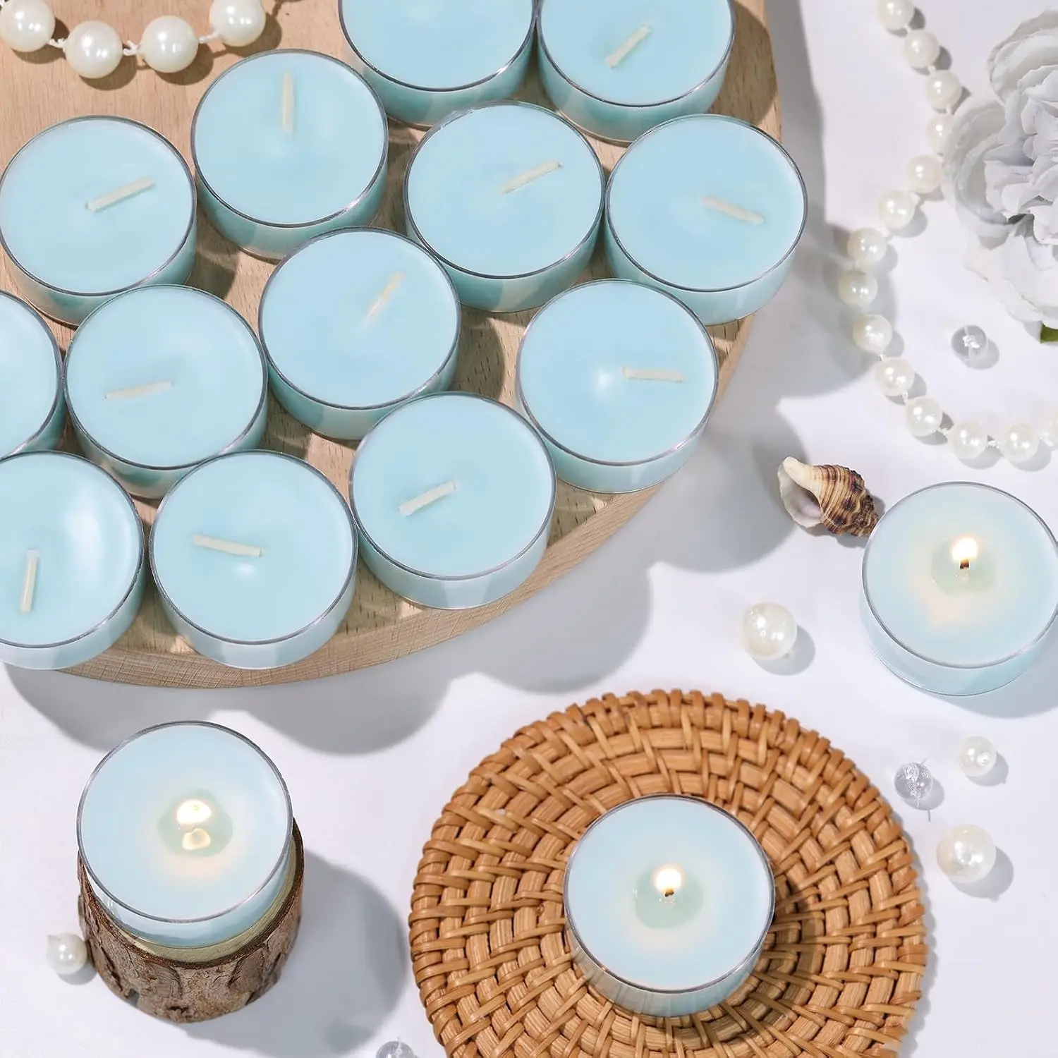 16Pcs Ocean Scented Tealight Candles | 4H Blue Soy Tea Lights | Home Decor