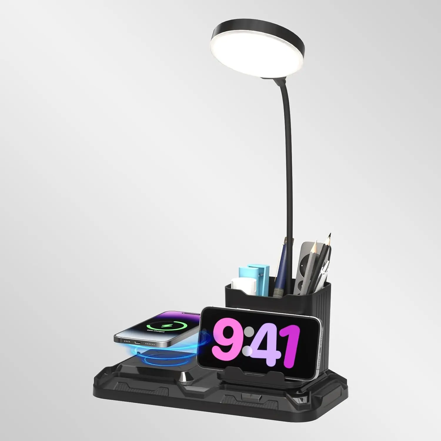 4 in 1 Desk Lamp with Wireless Charger - 360 °     Rotating Gooseneck Small Table Lamp with Pen Holder & Phone Stand, Adjustable White and Warm Light Dual Mode LED Desk Light for College Dorm Room