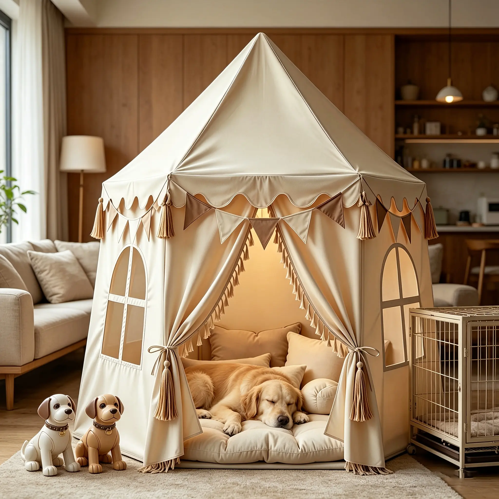 Luxury Large Pet Tent for Dogs & Cats, Premium Castle Bed with Tassels & Window, Indoor/Outdoor Portable Dog House, Washable Cushion, Breathable & Soft Kennel for Large Breeds, High-End Decorative Pet Playhouse