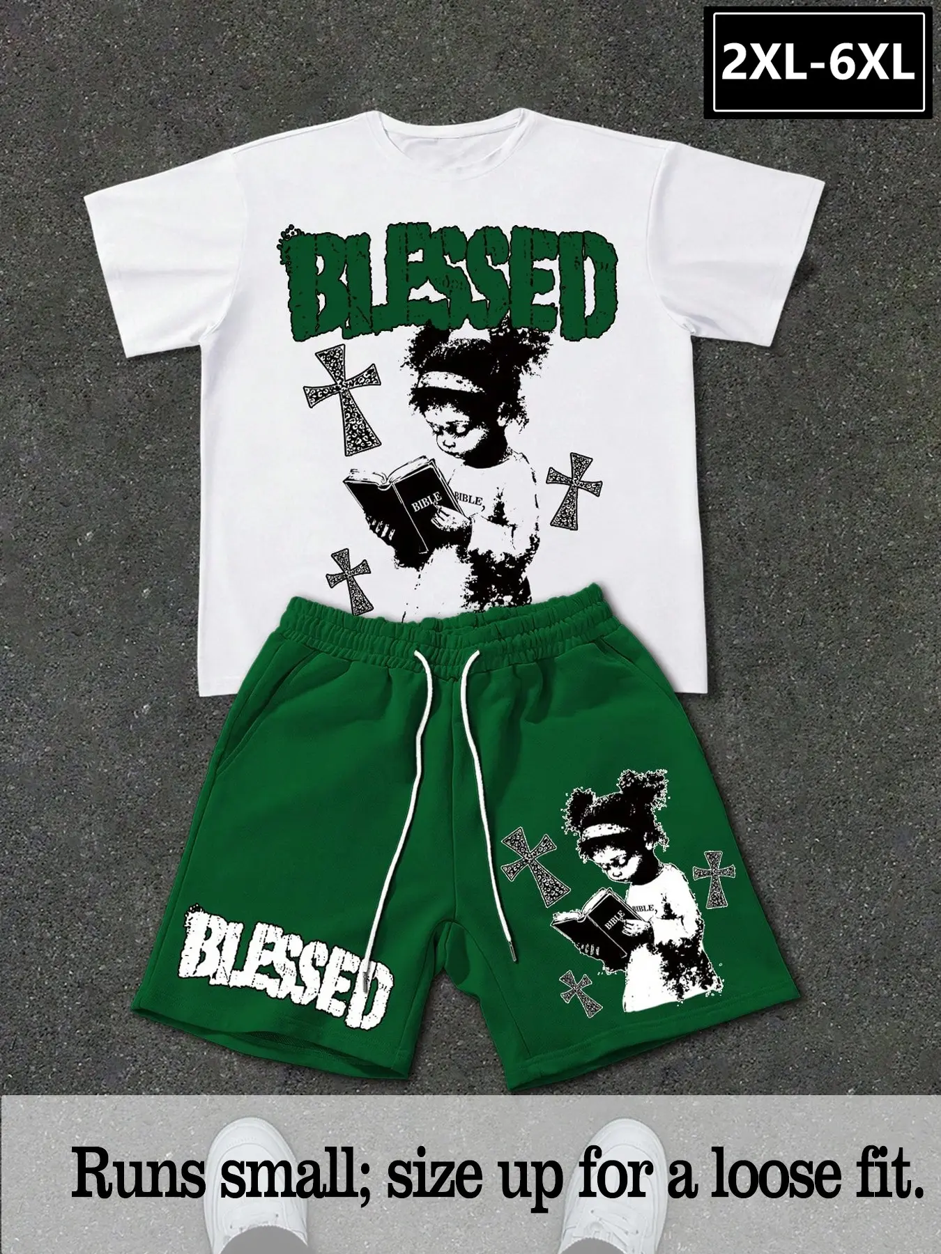 Large Size Men's Blessed Bible Cross Retro Print Two-Piece Set, Loose Fit Soft Fabric, Slimming Comfortable, Street Style Summer Casual, 2xl-6xl