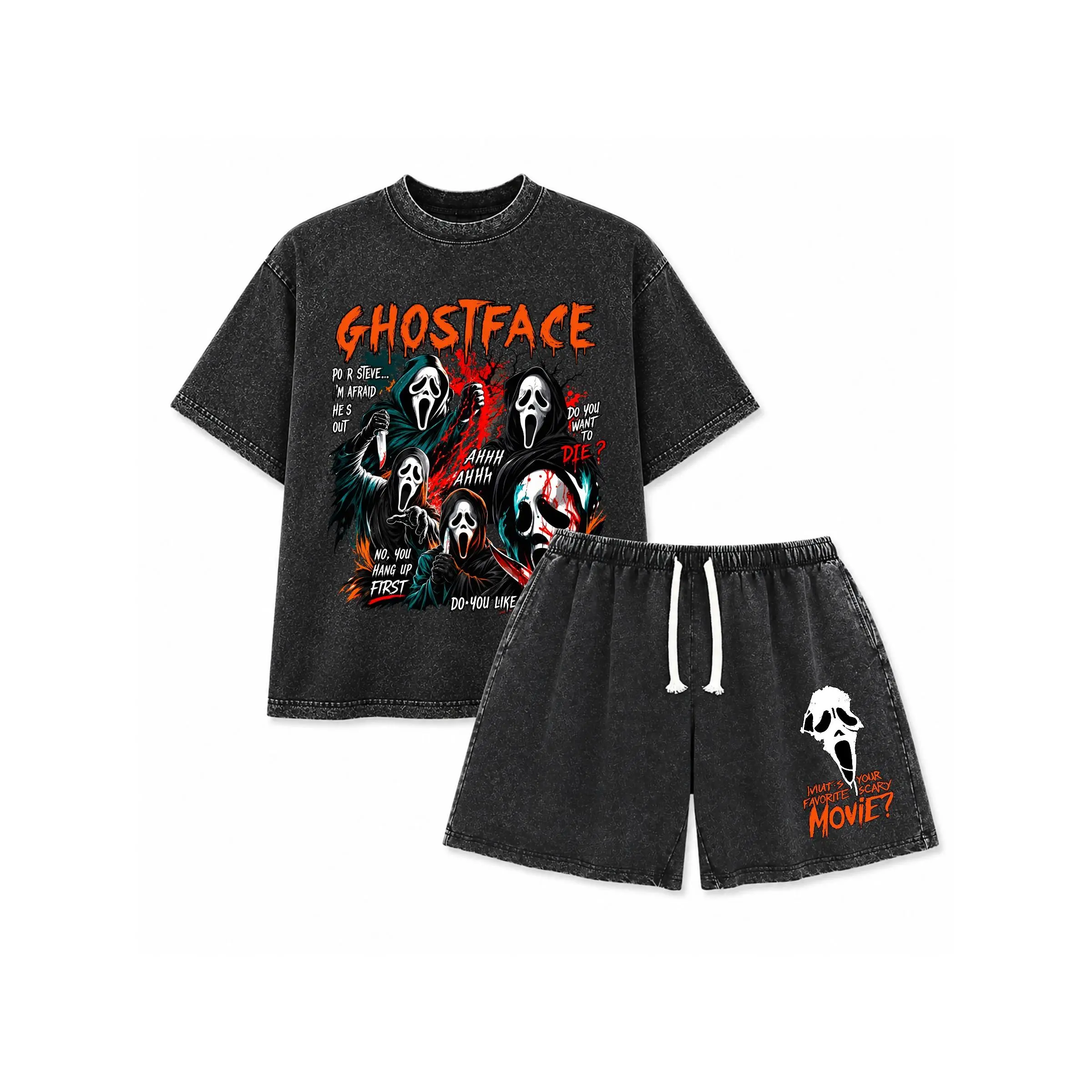 Men's Casual Fitted Washed 2-Piece Shorts & Top Set, Ghost Face Print, Vintage Street Style, Round Neck Tee, Ideal for Holidays, Beach