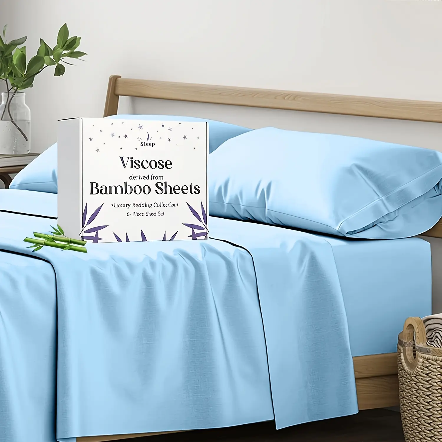 OS OMYSTYLE Queen Size 6PC Bamboo Sheet Set - Soft Bedding, 14" Deep Pocket, Crisp Cooling Breathable Rayon-Derived From Bamboo, Wrinkle-Fade-Stain Resistant, Hotel-Quality Bed Sheets for Kids' Rooms