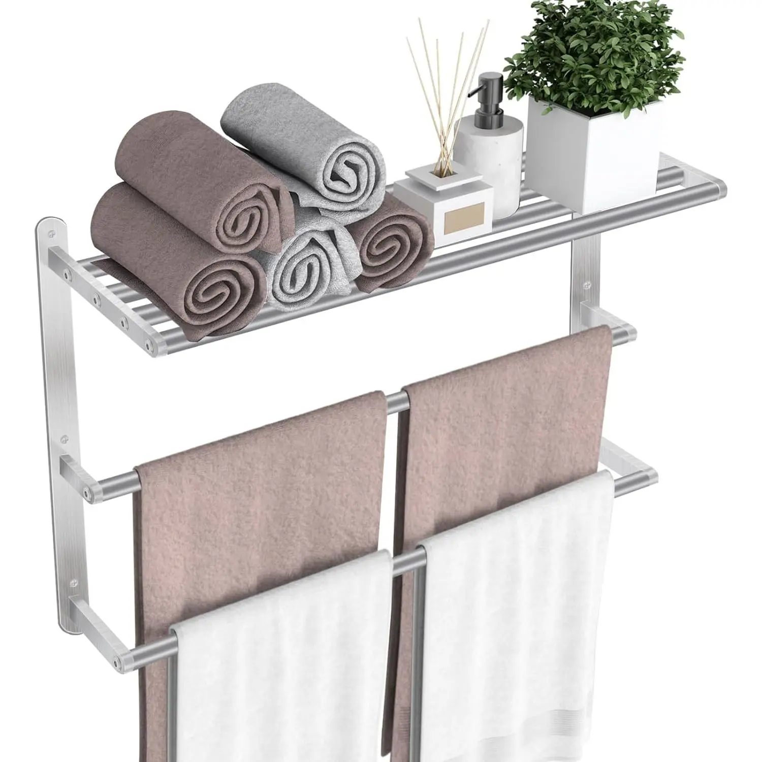 24 inch Towel Racks for Bathroom, Towel Shelf with Double Towel Bar, Stainless Steel Towel Storage for Lavatory Wall Mounted, 3-Tier Towel Hanger Towel Holder, Brushed Nickel