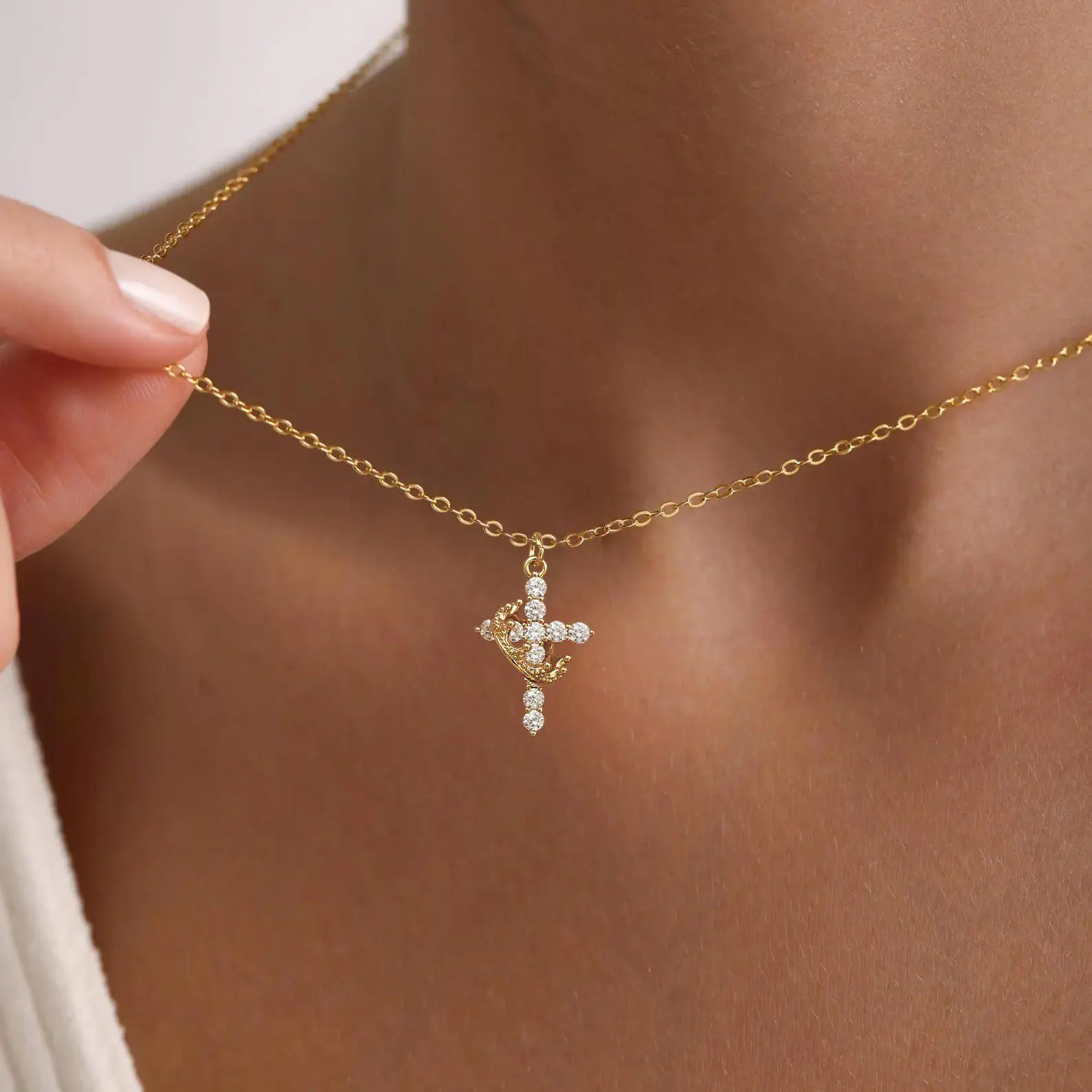 14K Gold Plated Crown Cross Pendant Necklace, Trendy Non-Tarnish Waterproof Faith Jewelry Christian Religious Gifts Exquisite Shiny Cubic Zirconia Necklace Versatile Daily Wear & Party Jewelry