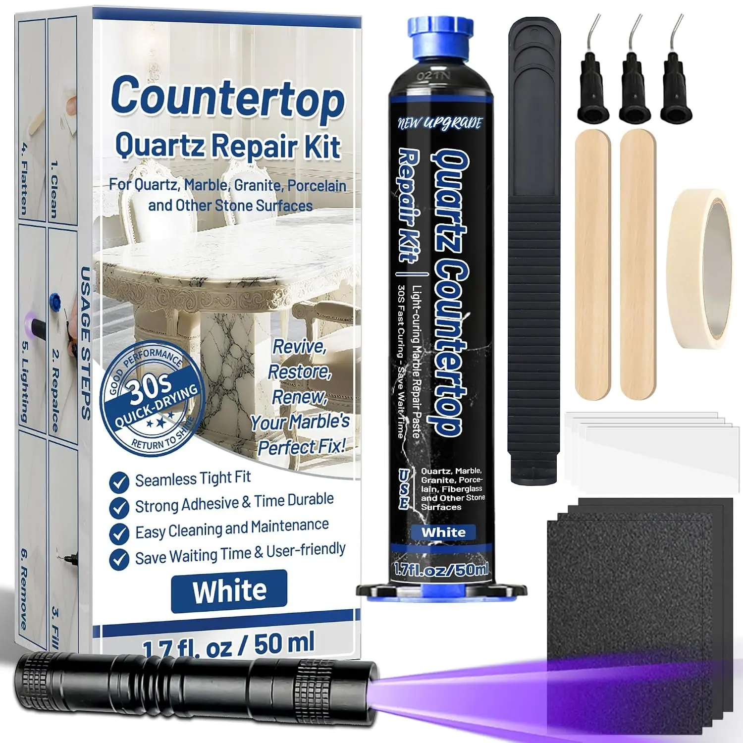 1.7Fl.Oz White Quartz Countertop Repair Kit for Stone Surfaces | 50ML Quartz Chip Repair Kit Repair Cracks, Holes &  for Granite, Marble, , Porcelain, Corian