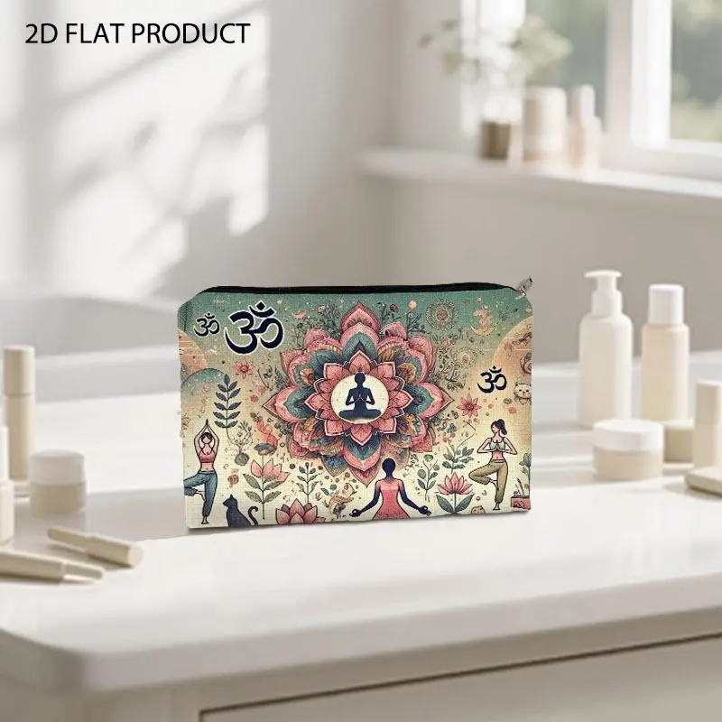 Bohemian Spiritual Yoga Print Makeup Bag, Double-Sided Design Featuring Meditative Lotus Figure, Yoga Poses, Cats & Om Symbols, 5.9*8.66inch Size, Portable Cosmetic Organizer for Daily Travel & Personal Skincare Storage