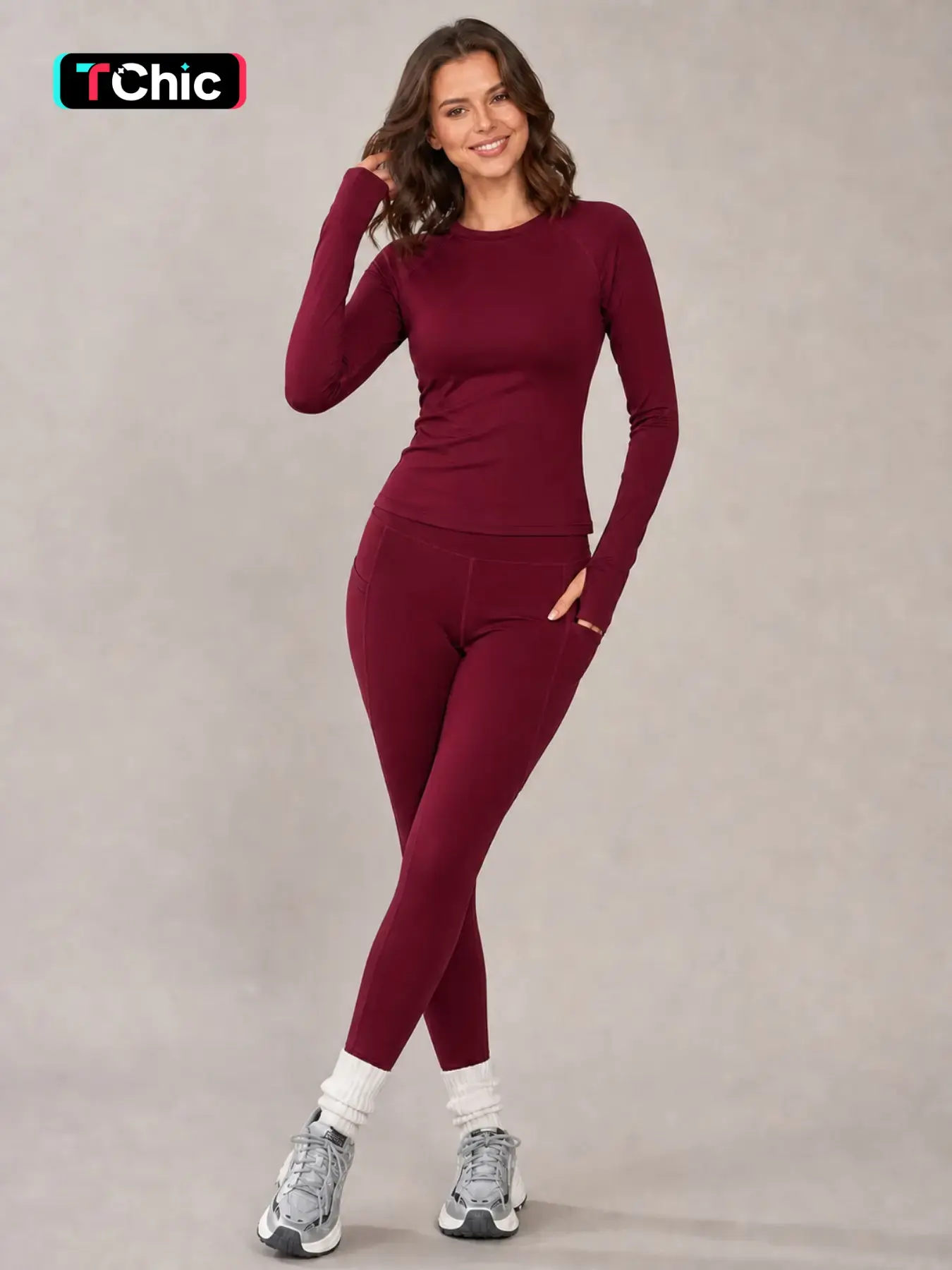 Women's Sportswear Set, Two-Piece Fitness, Long Sleeve Thumbhole Top + High-Waist Pocketed Pants, Yoga & Workout Clothes