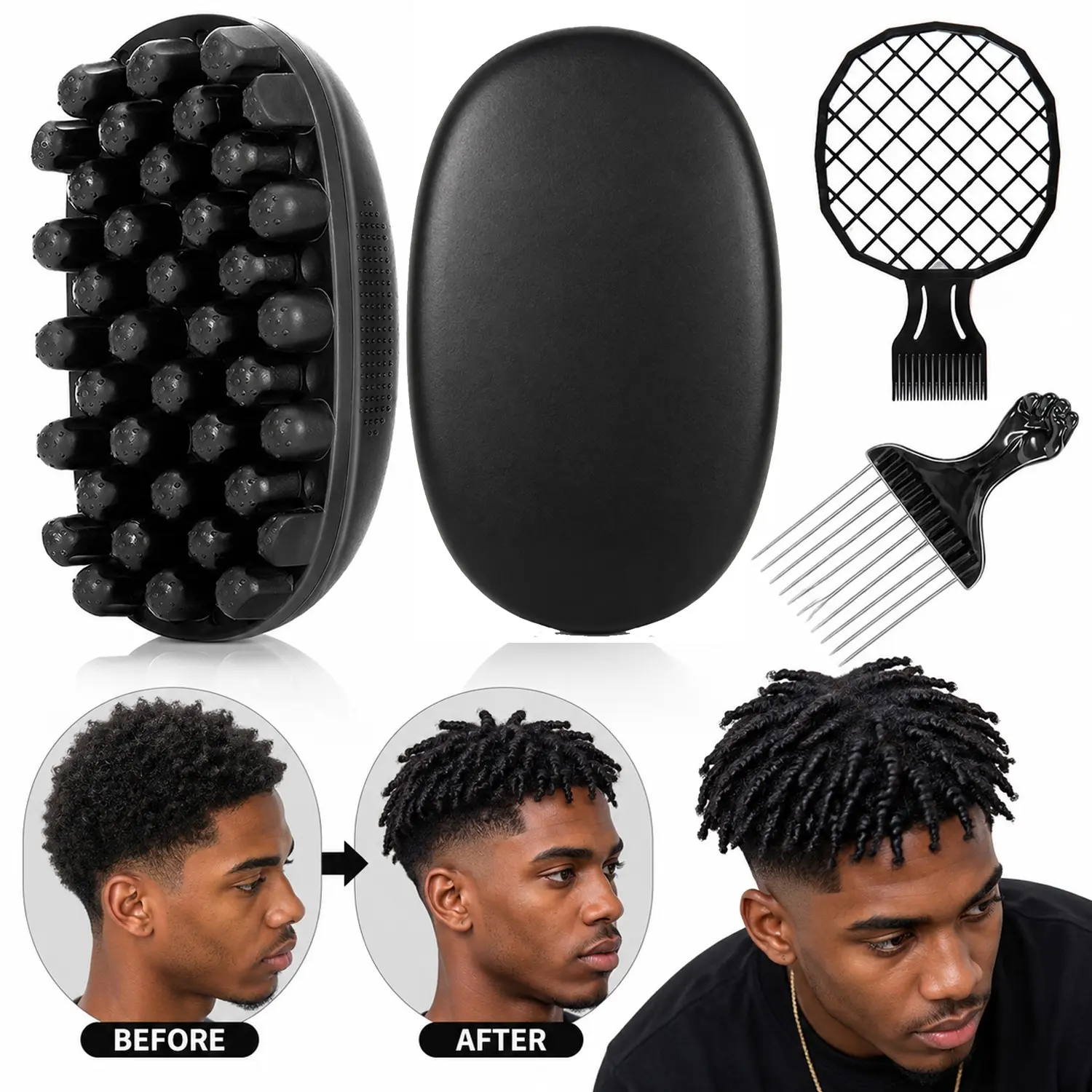 4C Twist Hair Sponge Brush Set for Men, Curl Coil Sponge with Afro Pick Comb & Twist Styling Comb for Natural Afro Textured Hair, Locs, Dreads, Coils & 360 Waves, Daily Barber Hair Styling Kit