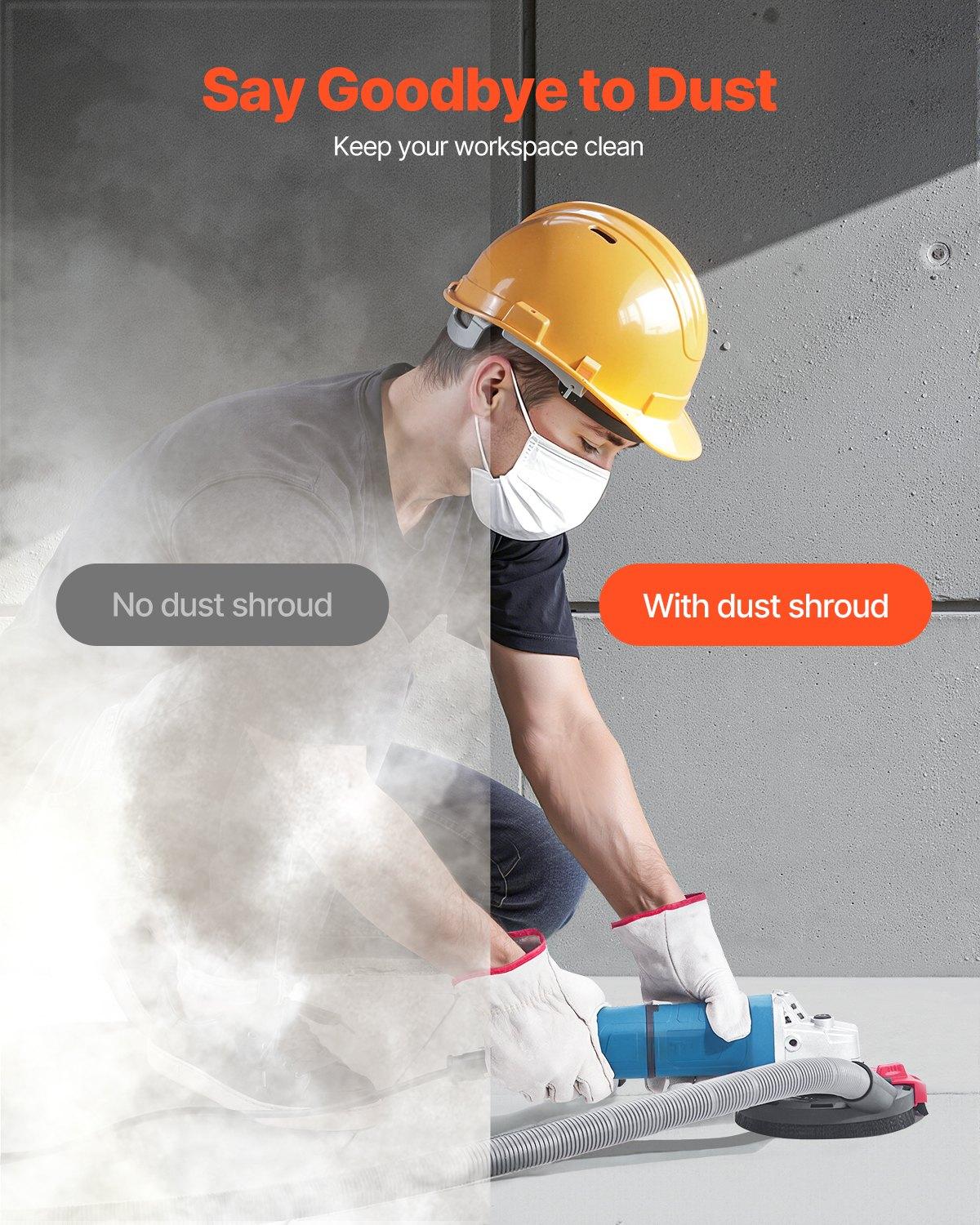 VEVOR Grinding Dust Shroud for Angle Grinder, Universal 4-5 in, Surface Grinder Dust Shroud with 6 Clamping Washers & 5 in Diamond Grinding Cup Wheel, Connect to Vacuum Cleaner, for Wood Concrete Wall