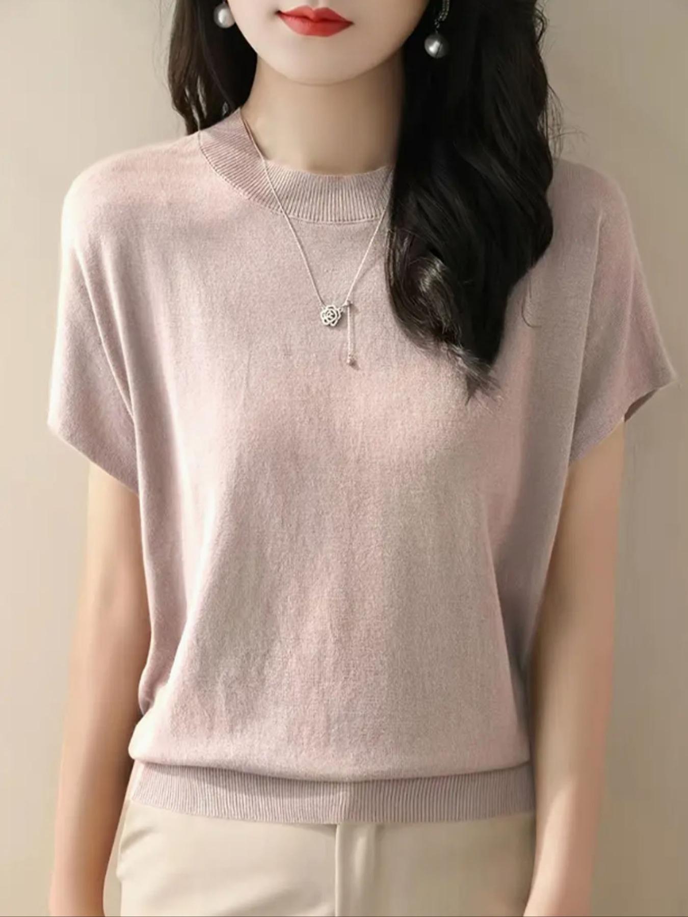 Women's Plain Round Neck Sweater Knitwear, Casual Short Sleeve Crew Neck Jumper for Summer, Fashion Women's Top for Daily Wear