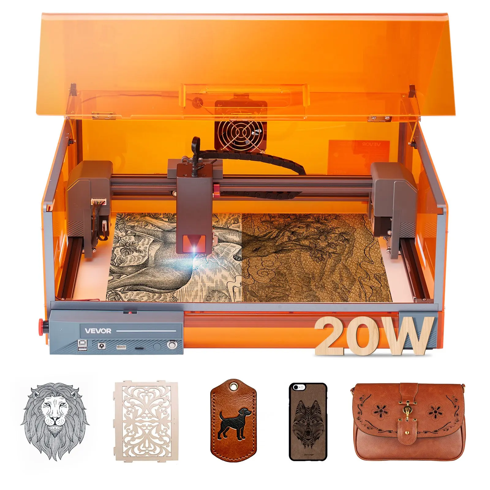 VEVOR Laser Engraver, 20W, Laser Engraving and Cutting Machine with Enclosure, Laser Cutter Engraver Machine, 7000 mm/min, 11.8 x 11.8 in Working Area, for Wood, Leather, Glass, Certain Metal, Class