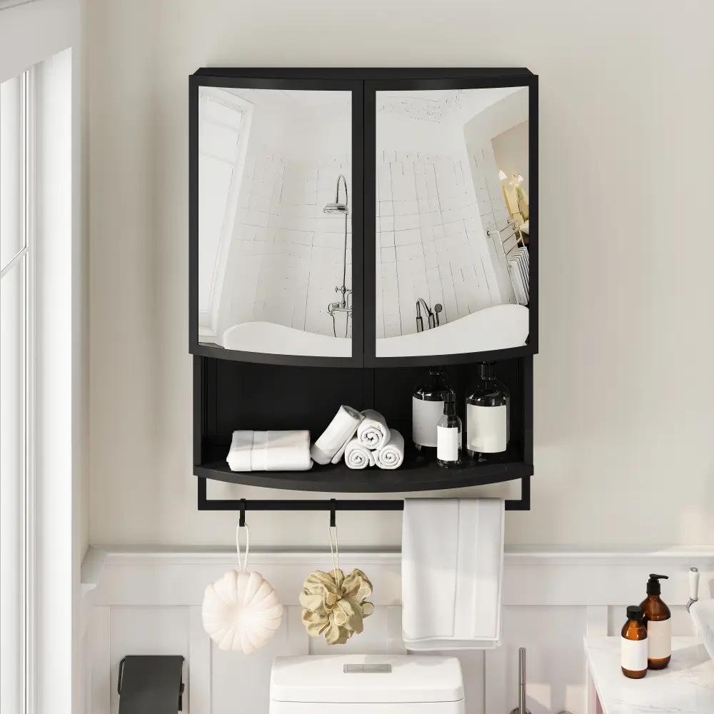 Modern Arched Glass Double Door Cabinet with Shatterproof Mirror, Tall Storage Wardrobe with Double Layer Shelves, Open Display Shelf & Towel Rack, Freestanding Accent Cabinet Organizer for Entryway, Living Room, Bathroom, Dining Room, Black