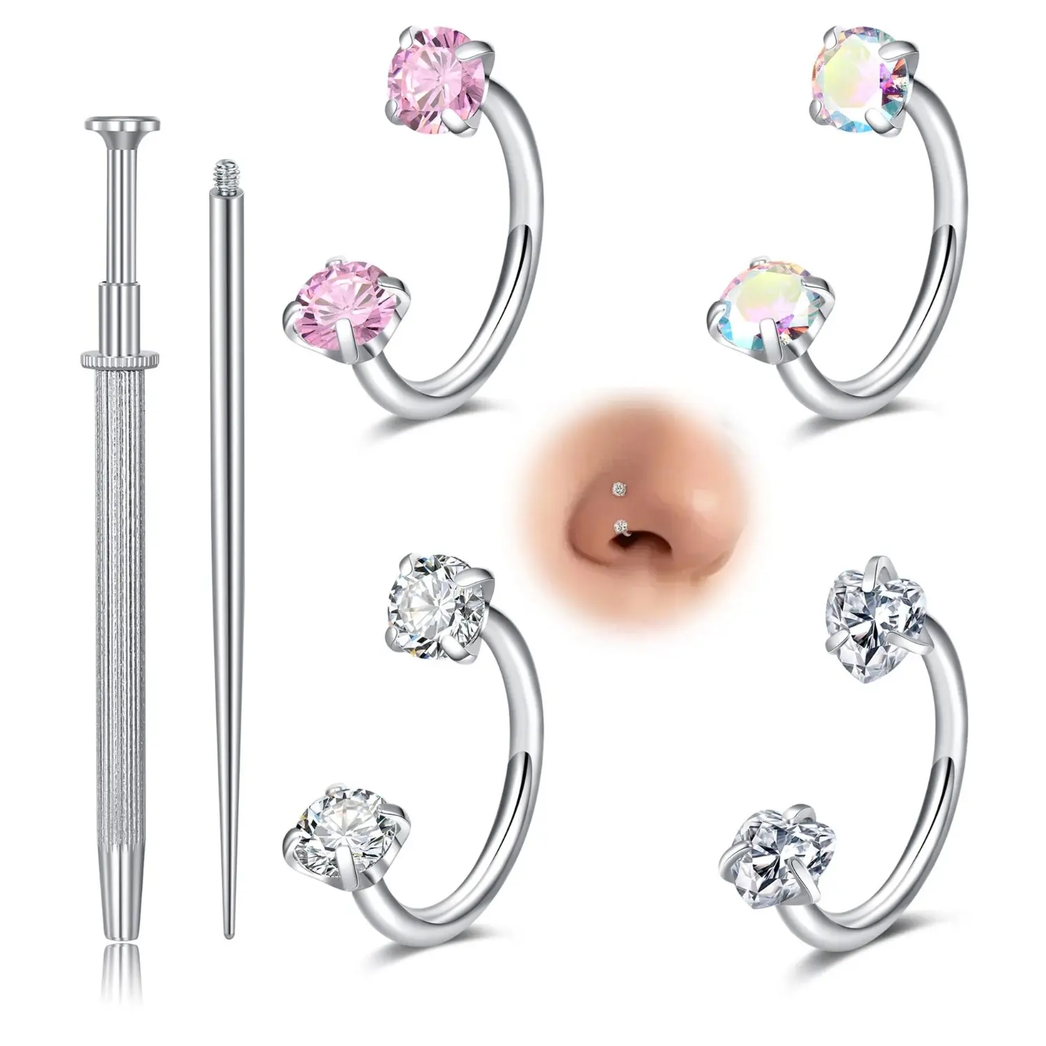 Double Gem C Shape Nose Ring Piercing Kit, Round & Heart Shiny Stone Hoop Nose Stud Set with Piercing Tool, Cute Curved Septum Rings Jewelry for Women Daily Body Piercing Decor