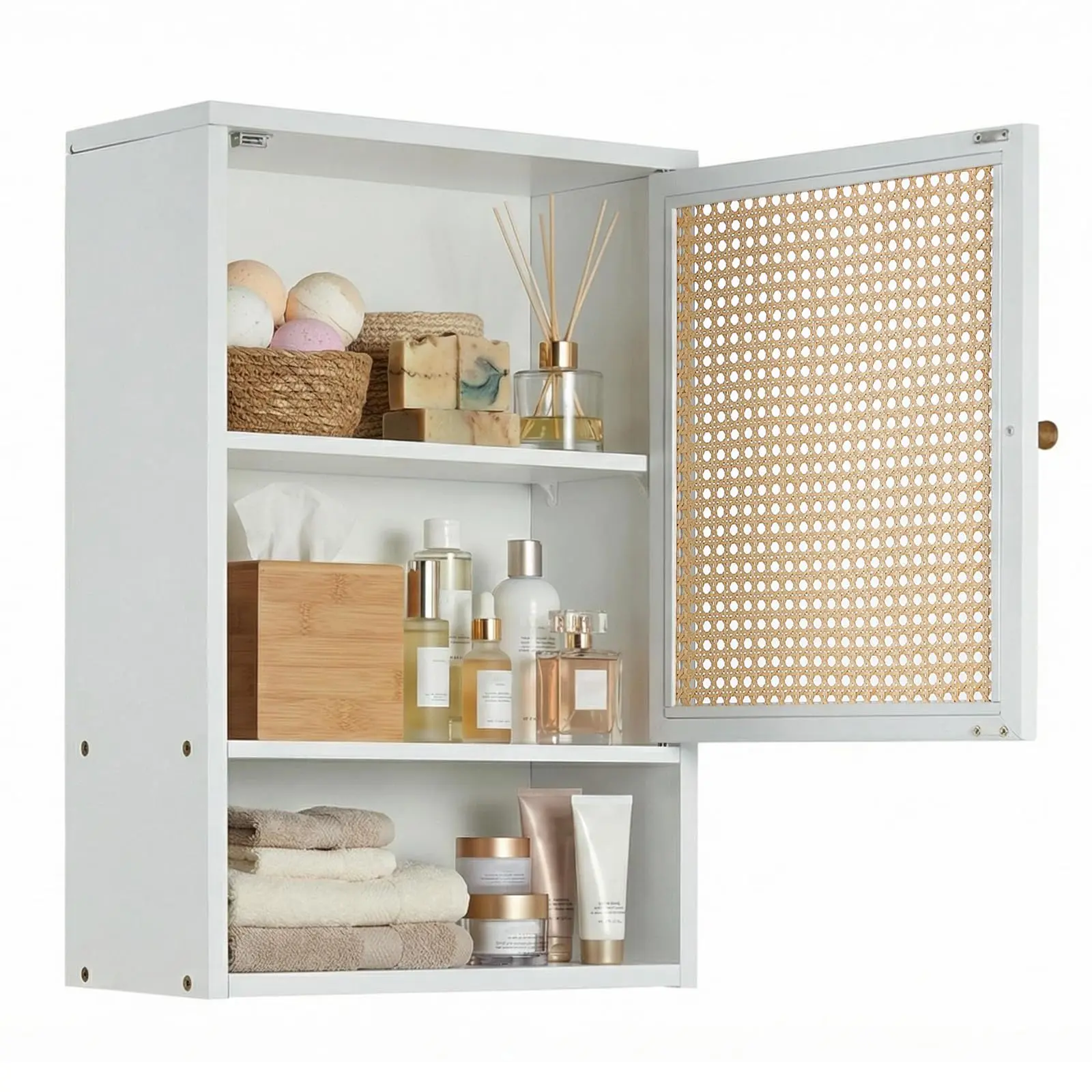 GARVEE Bathroom Wall Cabinet,  over the Toilet Storage Cabinet with Rattan Doors, Wall Mounted Medicine Cabinet with Adjustable Shelf and Open Storage, Space Saver Organizer for Bathroom, Laundry Room, Kitch
