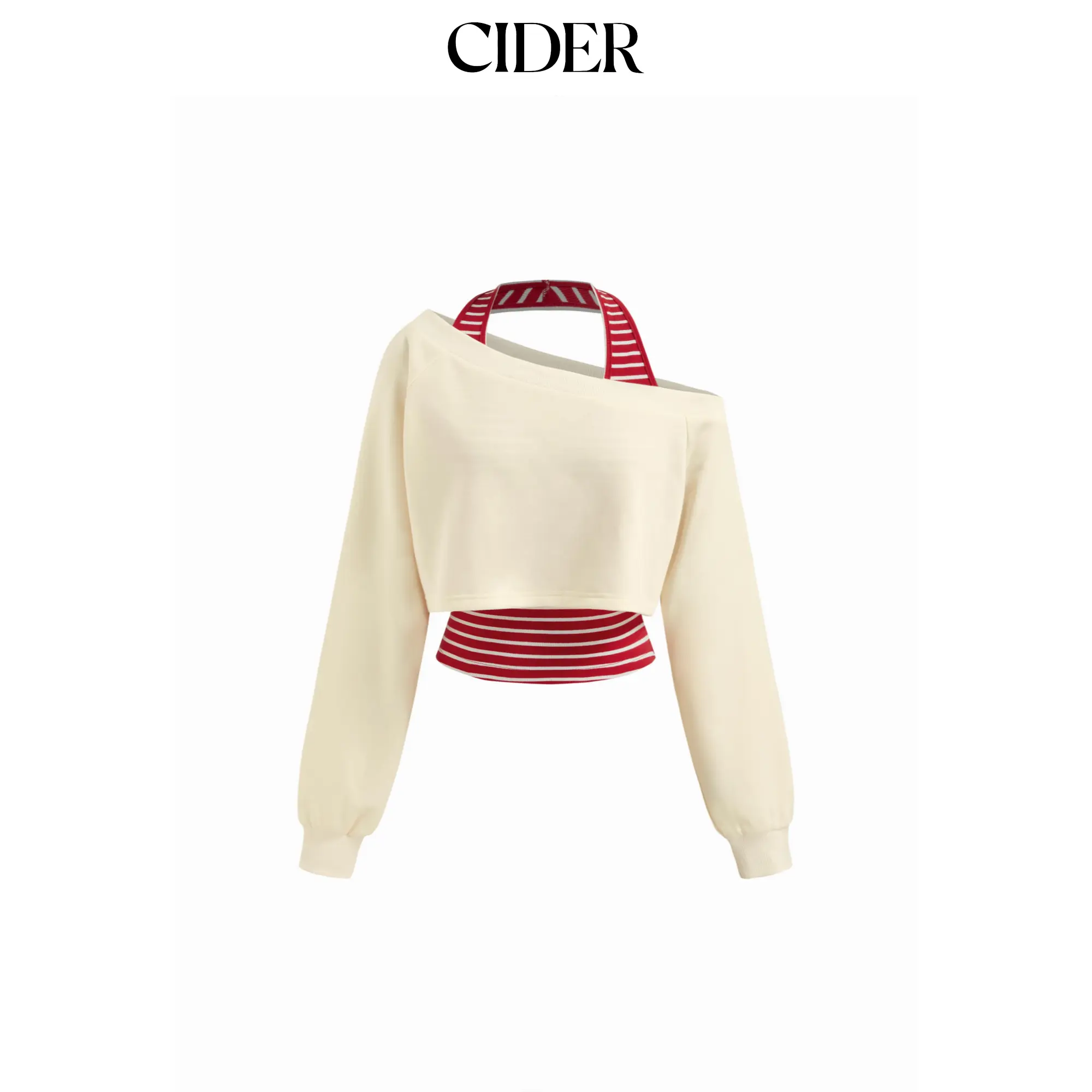 Cider 2-Piece Terry Asymmetrical Neck Crop Sweatshirt With Striped Tank Top SummerFinds