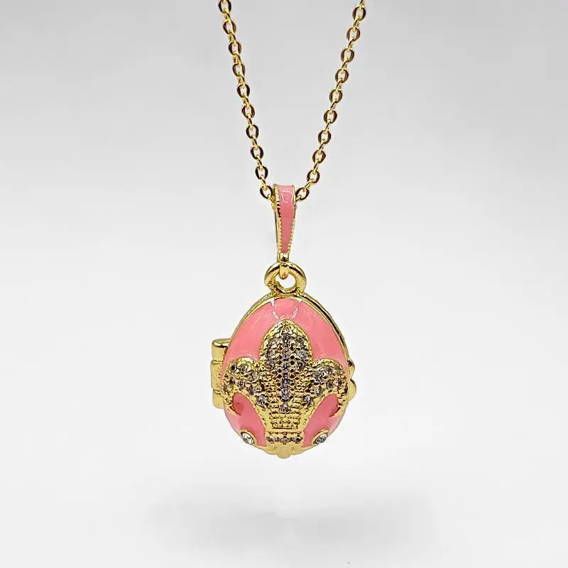 Vibecharm Vintage Enamel Egg-Shaped Locket Necklace - Long Gold-Tone Copper Engraved Chain Accents, Openable with Secret Mini Angel Motif Pendant, Dainty Boho Colorful Costume Jewelry for Layering, Chain Accents Necklaces, Copper Engraved Necklaces