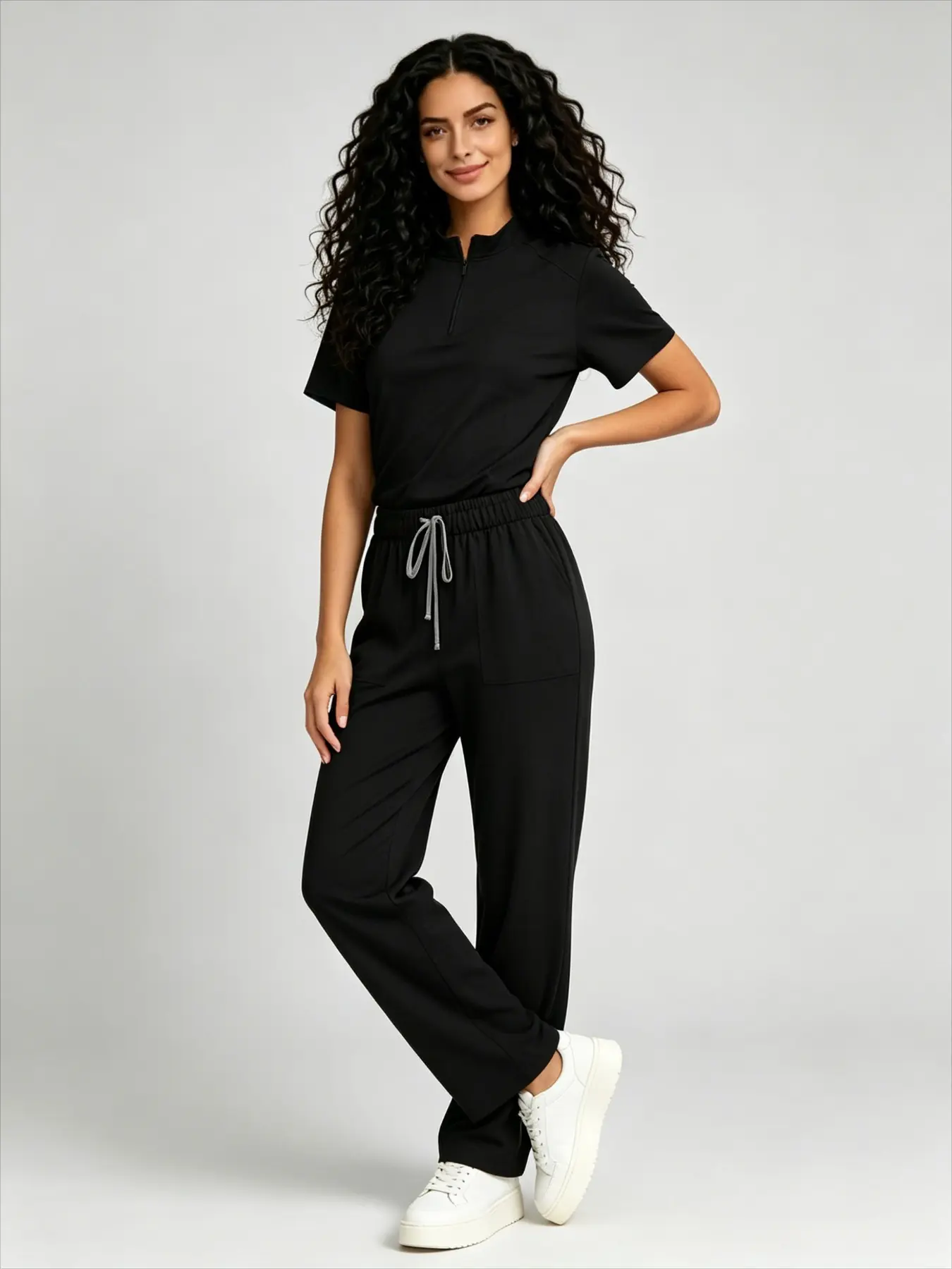 Stand Collar Zipper Front Simple Solid Scrub Sets Relaxed Straight Leg Pants For Hospital And Pet Clinic Workwear