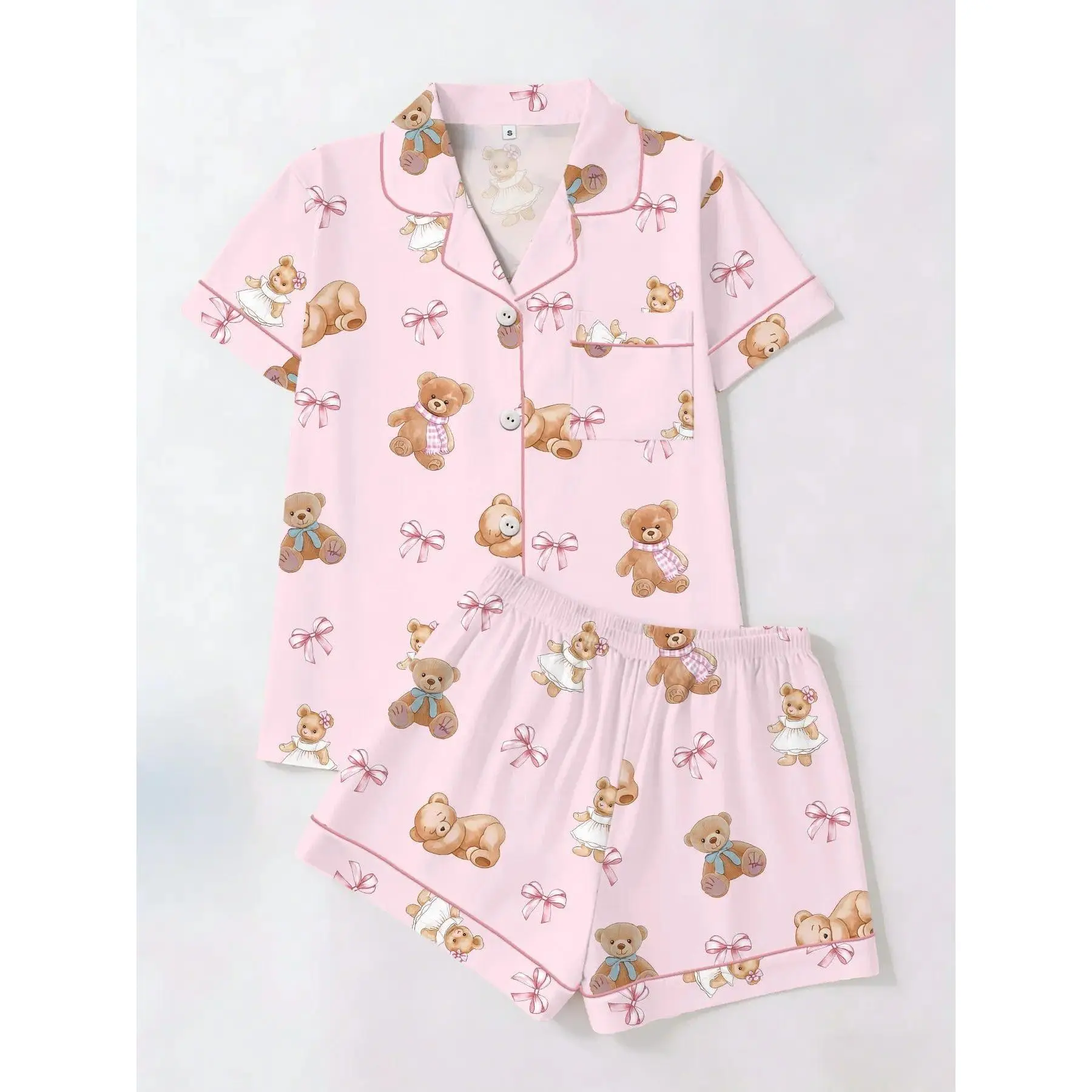 Women’s Striped Bear and Bow Print 2 Piece Pajama Set, Short Sleeve T Shirt and Matching Shorts, Soft Casual Loungewear PJs