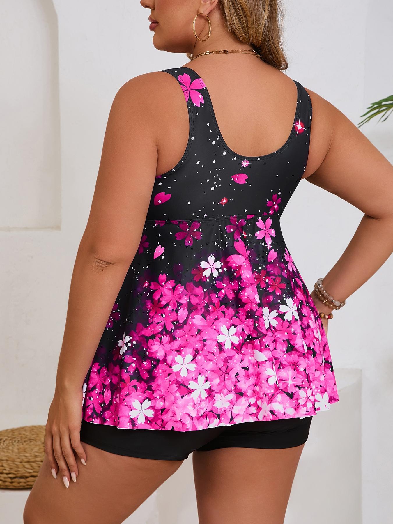 FSTVE Curve-Friendly Stretch Design for All-Day Wear Plus Size Swimsuit Pink Floral Top & Black Shorts for Pool Trips Plus Size Bathing Suit 1XL 2XL 3XL 4XL tankini-Elasticity Underwire casual round neck swim top Trendy Scallop