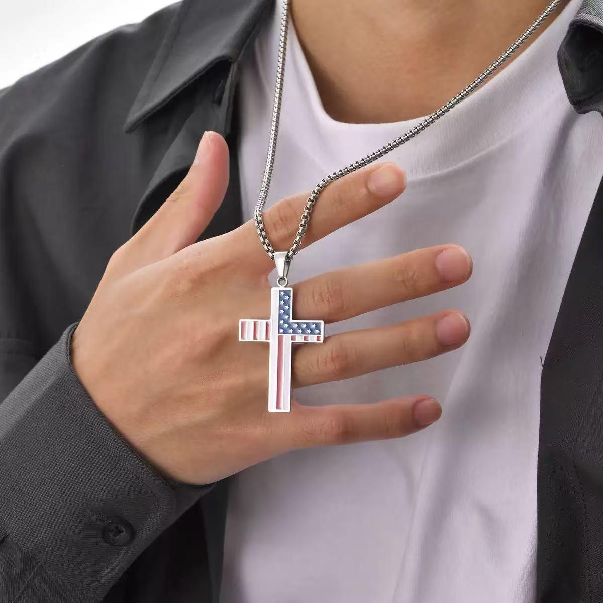 American Flag Cross Pendant Necklace, Stylish, Classic and Elegant, Versatile for Daily Wear