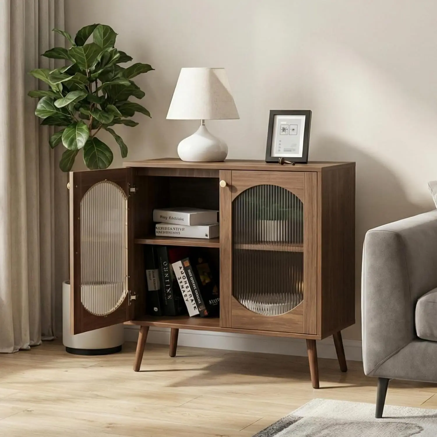 2-Door Engineered Wood Sideboard Storage Cabinet - Laminated Buffet with Fluted Glass Fronts, Adjustable Shelves, Metal Legs, Easy Clean-Up for Dining Room, Hallway Display