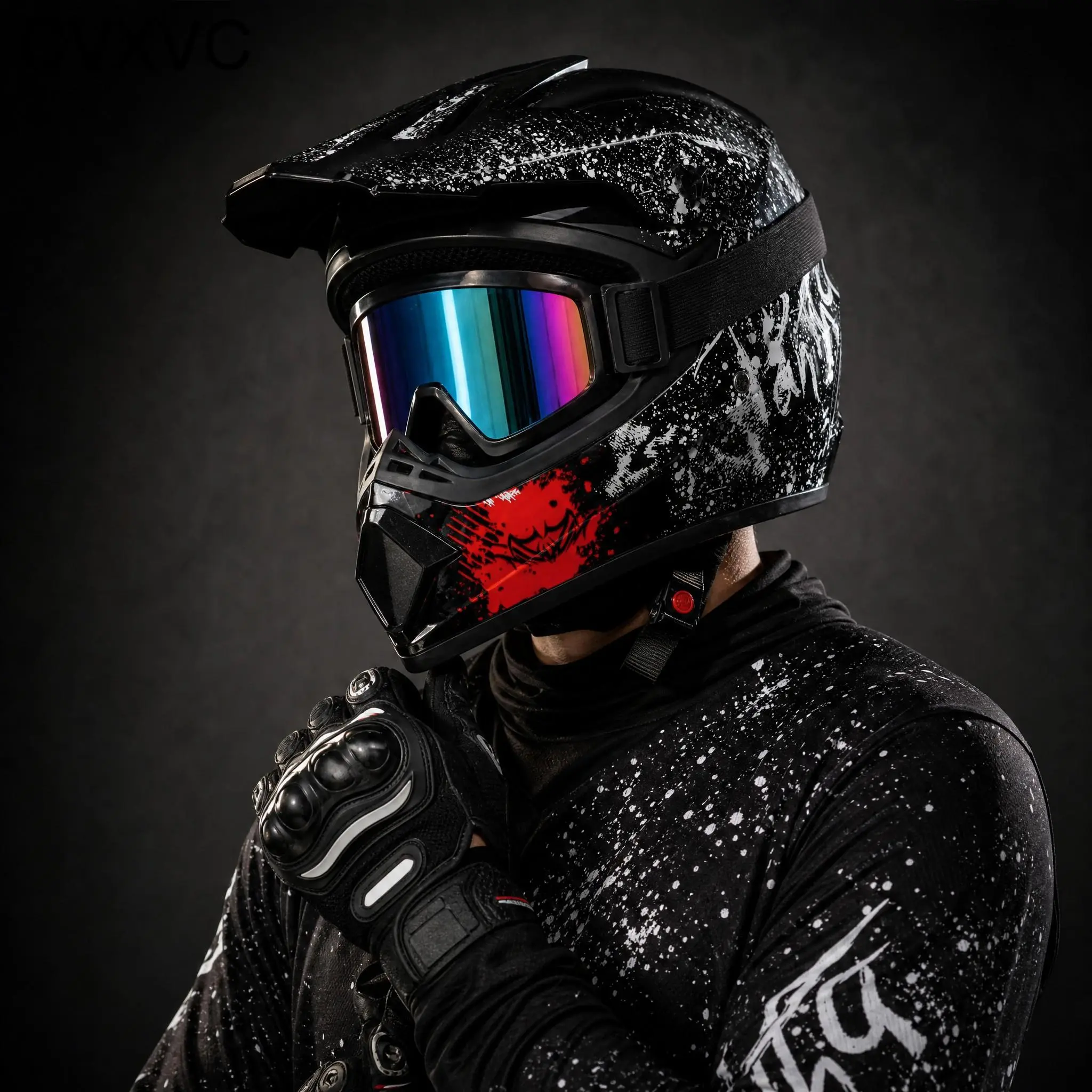 CVXVC Motorcycle Helmet, Full Face Motocross Design & Graffiti Splatter Style, 4-Piece Gear Set, For Adult Off-Road Trail Riding & Dirt Bike Racing, Shockproof Lightweight Ventilated Impact-Resistant Safe Secure Fit