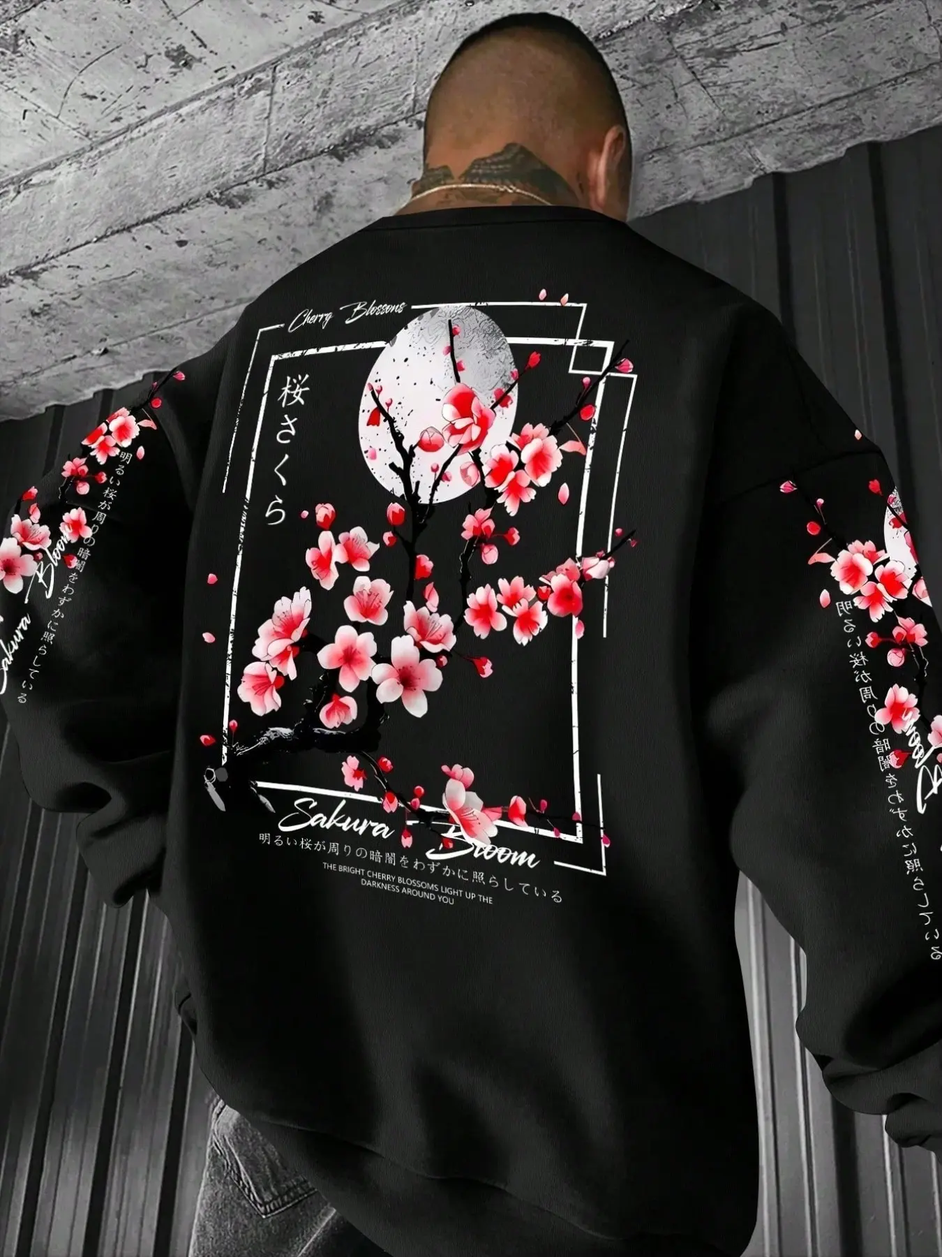 Japanese Cherry Blossom Print Round Neck Sweatshirt, Wrinkle-Resistant, Soft Lining, Loose Fit, Fall & Winter, Y2K Style