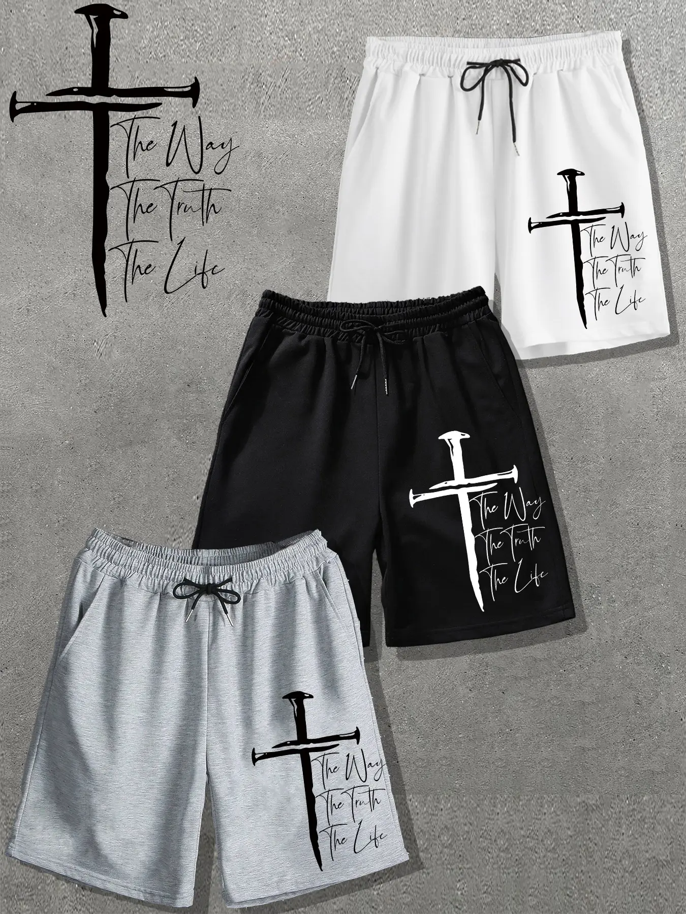 Classic Three-Piece Set, American High Street Cross Faith Print Shorts, Loose Fit Casual Sports Pants, Streetwear Style
